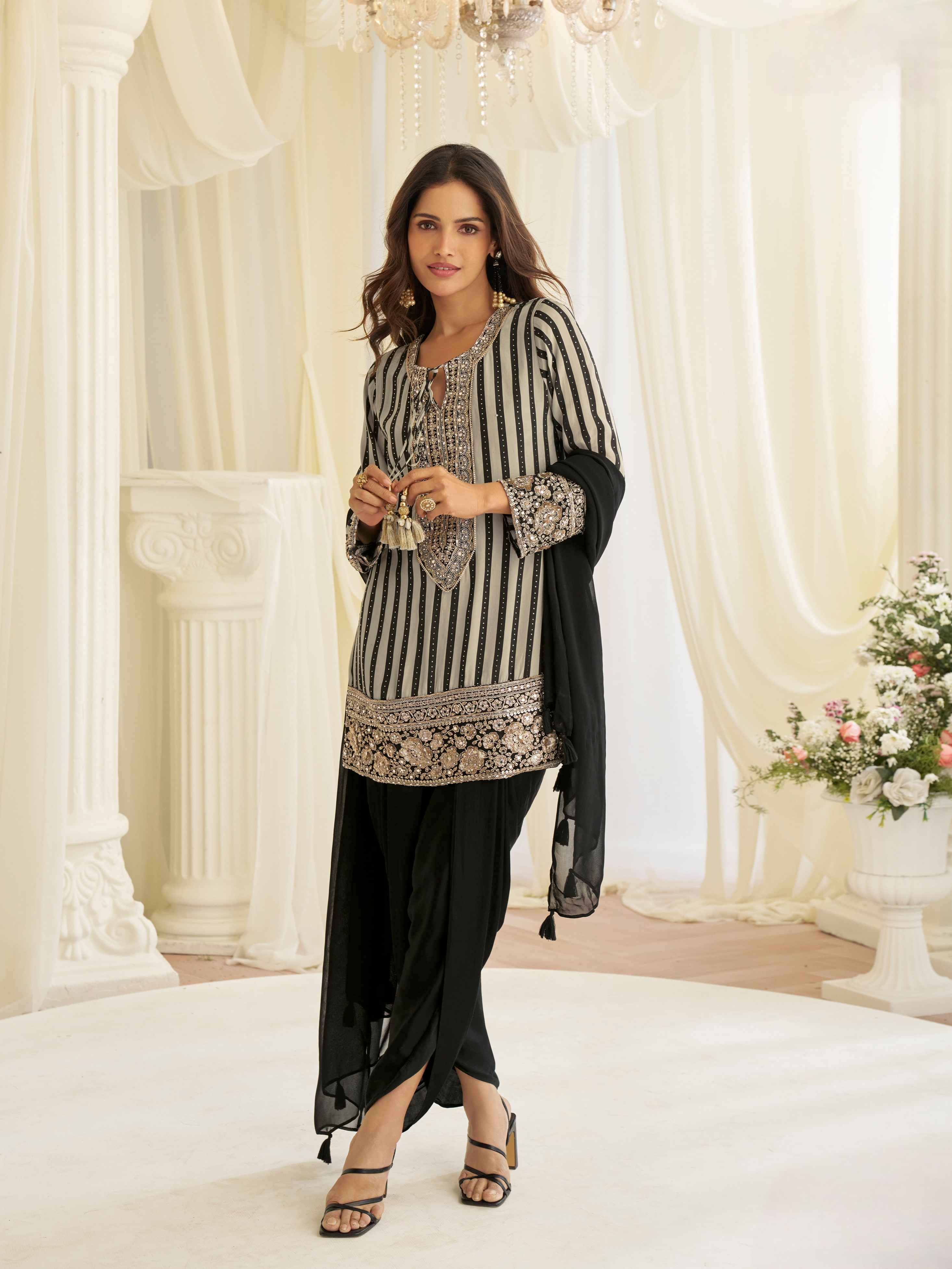 Black Ivory Beads Embroidered Crepe Silk Kurti Set