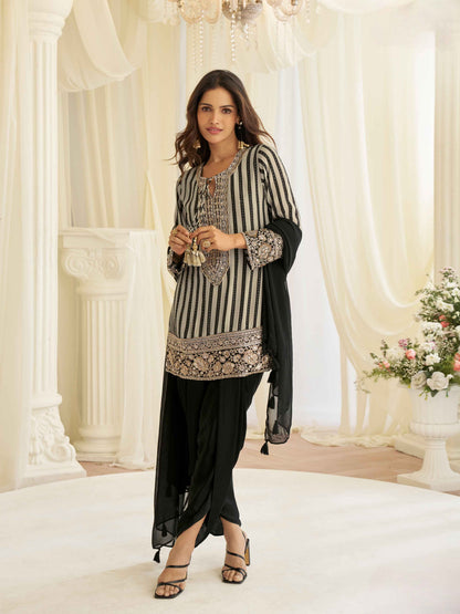 Black Ivory Beads Embroidered Crepe Silk Kurti Set