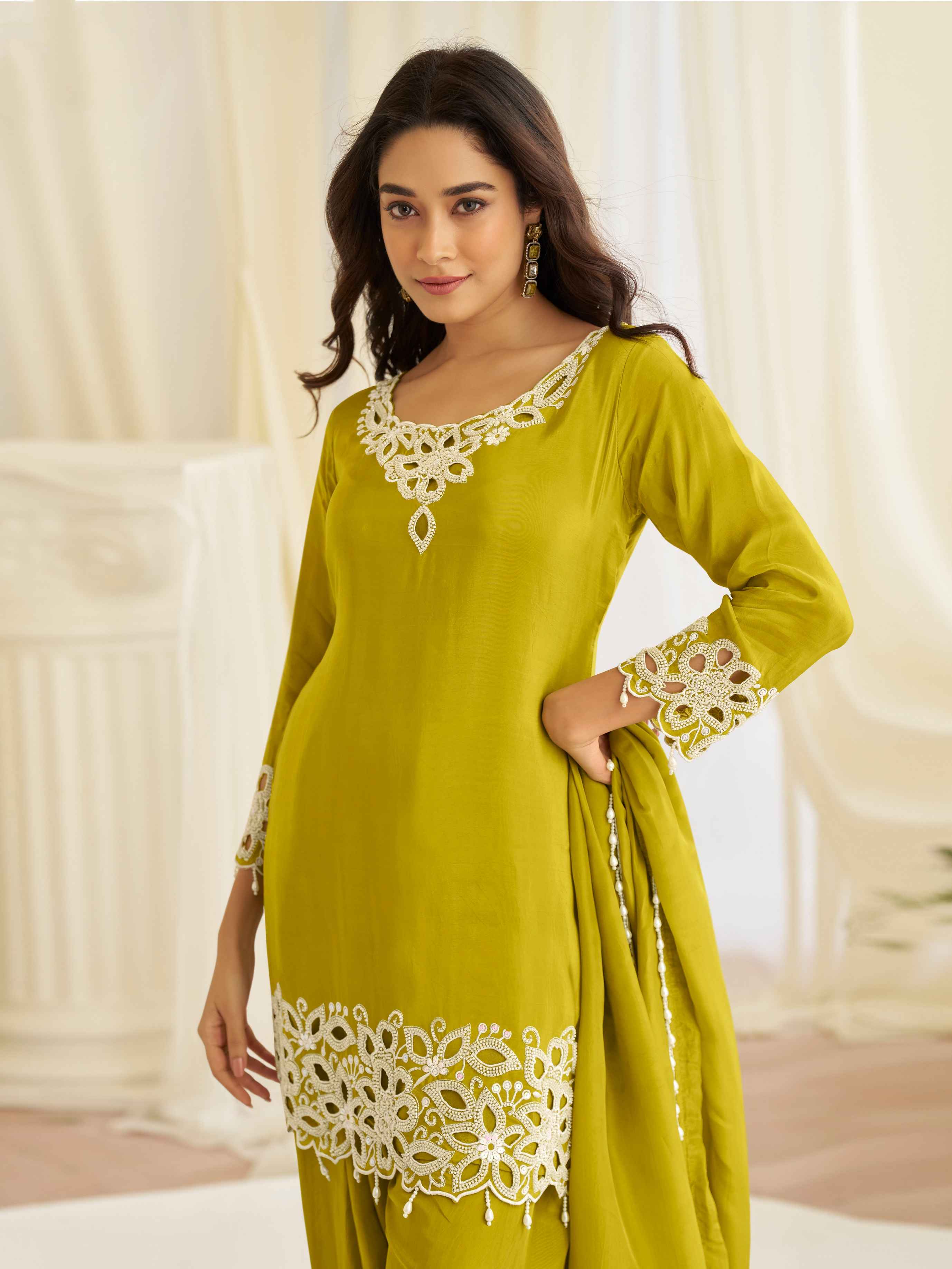 Olive Green Beads Work Simar Silk Kurti Palazzo Set