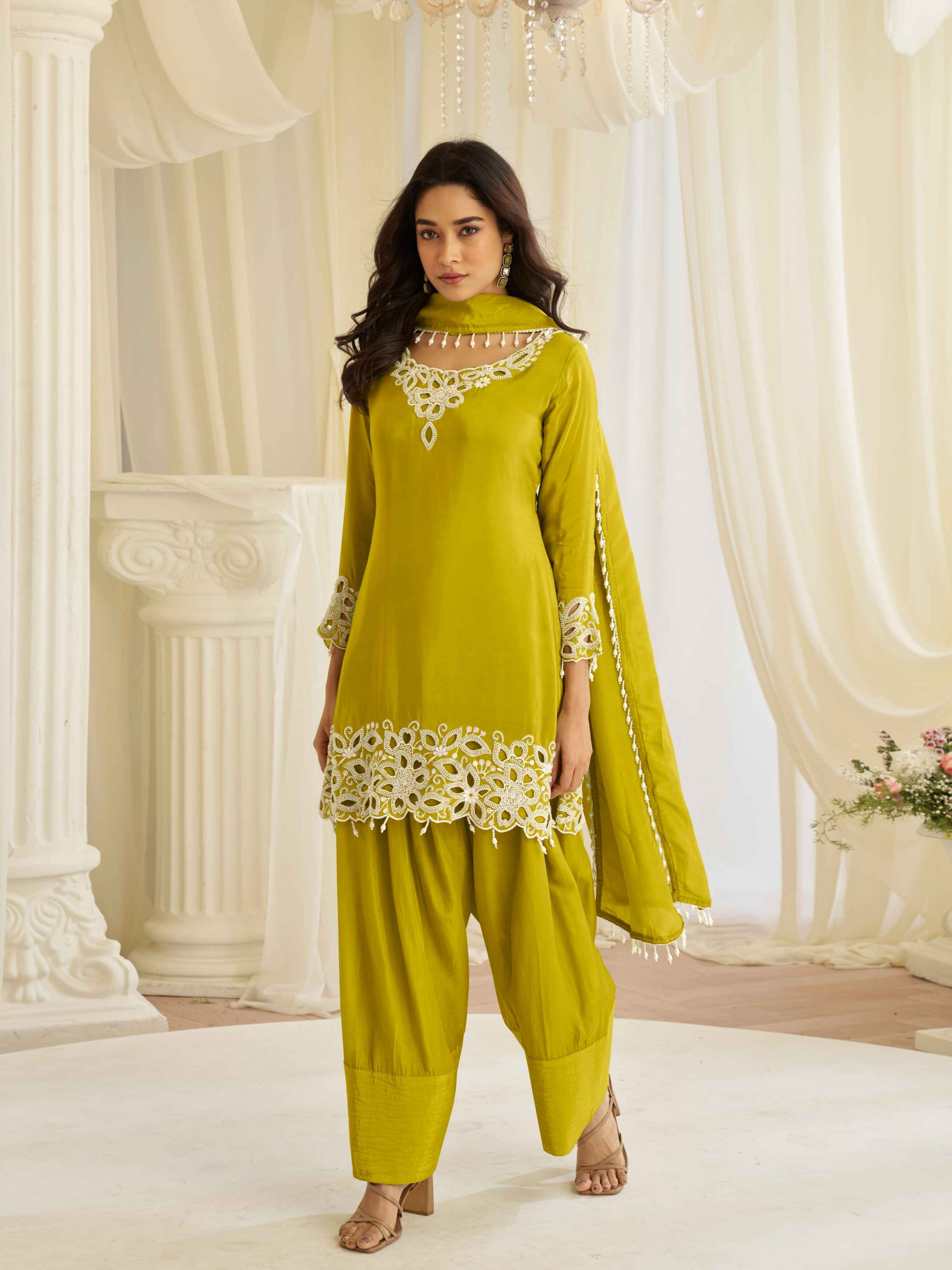 Olive Green Beads Work Simar Silk Kurti Palazzo Set