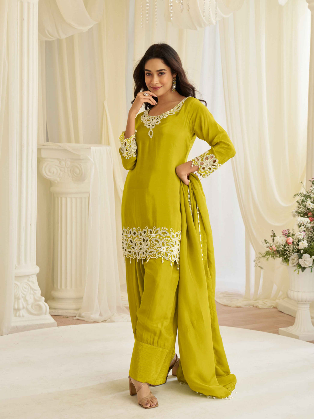 Olive Green Beads Work Simar Silk Kurti Palazzo Set