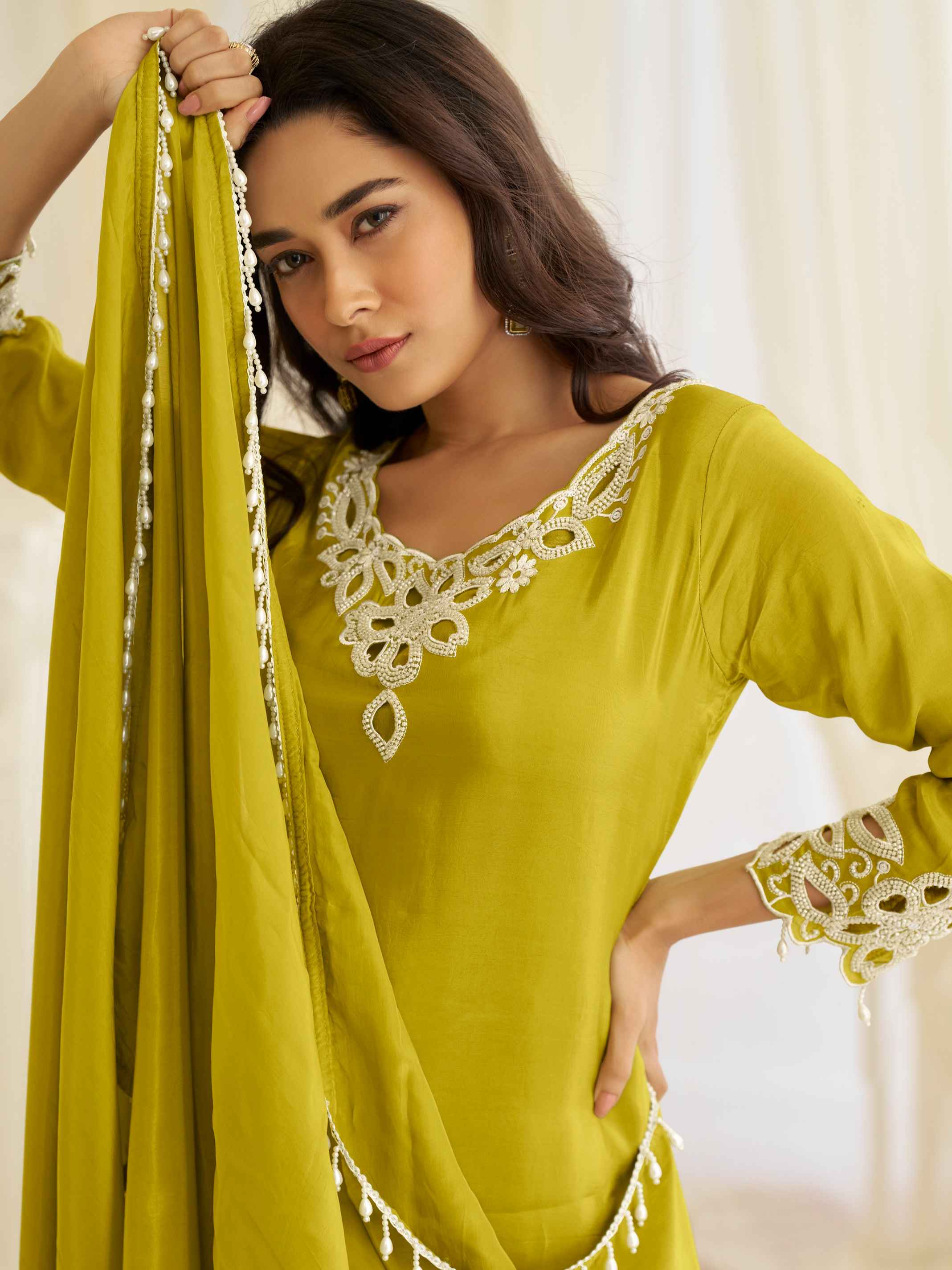 Olive Green Beads Work Simar Silk Kurti Palazzo Set