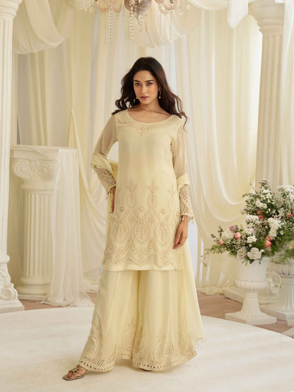 Cream Beads Embroidered Crepe Silk Kurti Palazzo Set with Dupatta