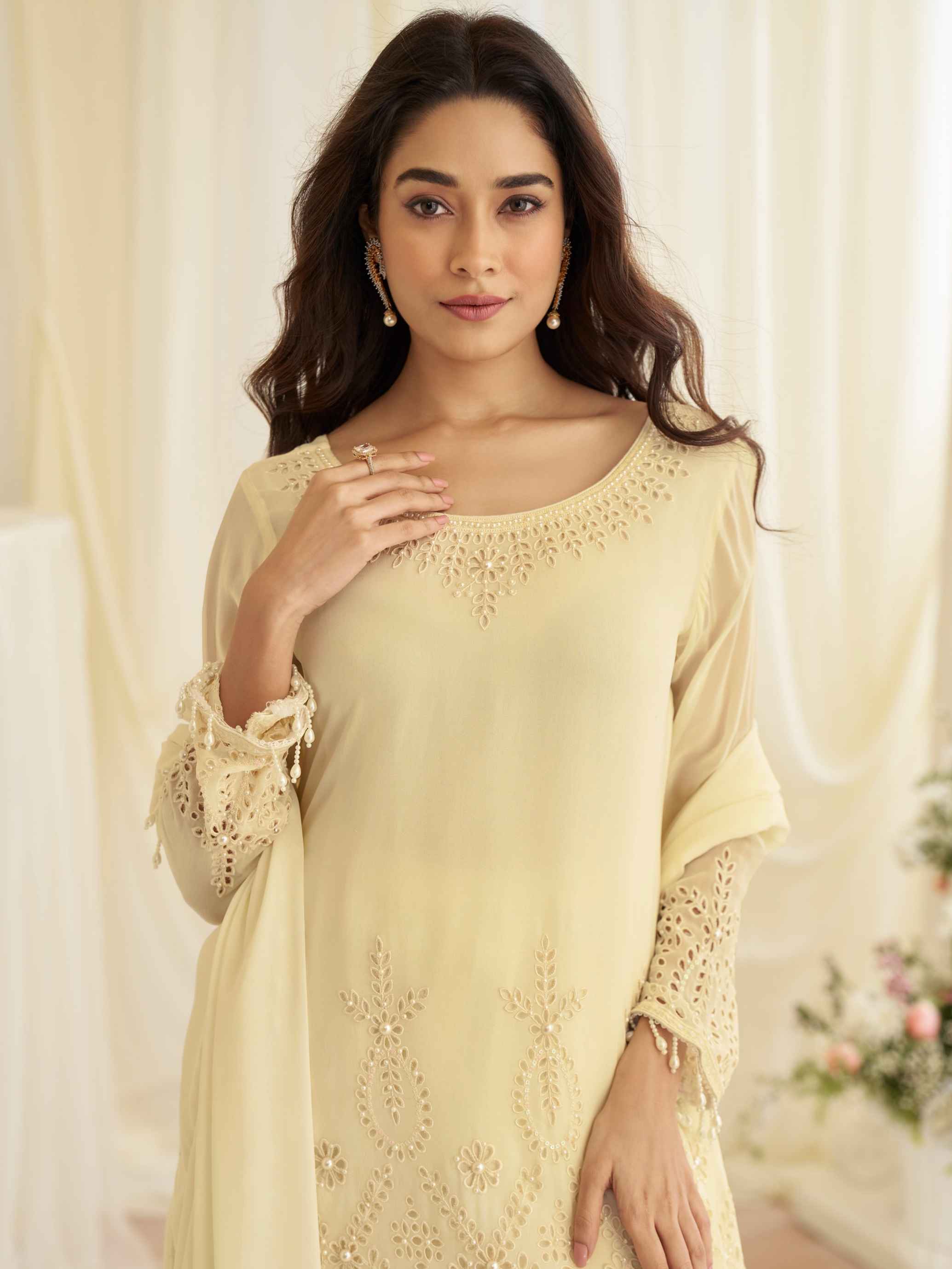 Cream Beads Embroidered Crepe Silk Kurti Palazzo Set with Dupatta
