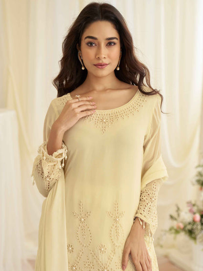 Cream Beads Embroidered Crepe Silk Kurti Palazzo Set with Dupatta