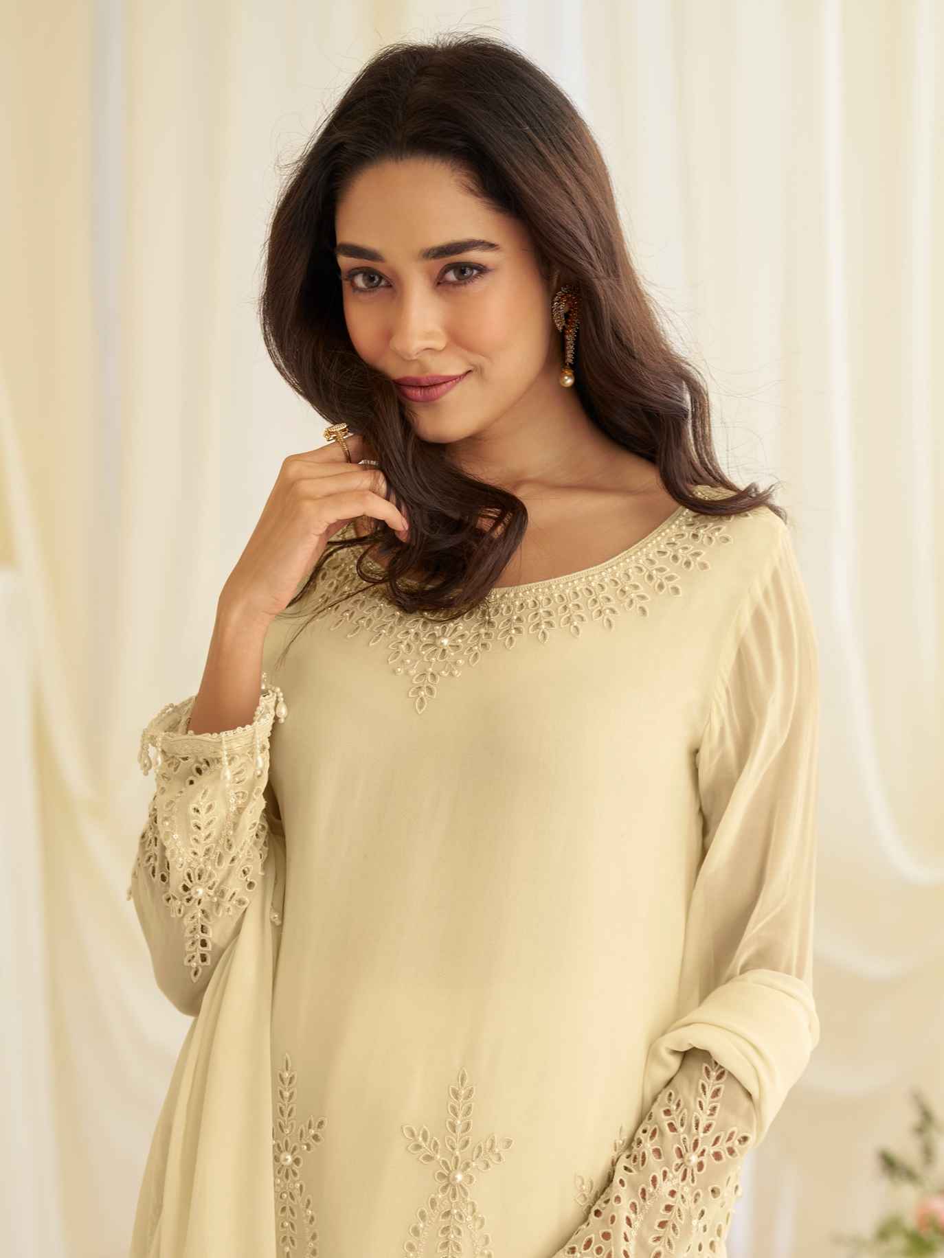 Cream Beads Embroidered Crepe Silk Kurti Palazzo Set with Dupatta