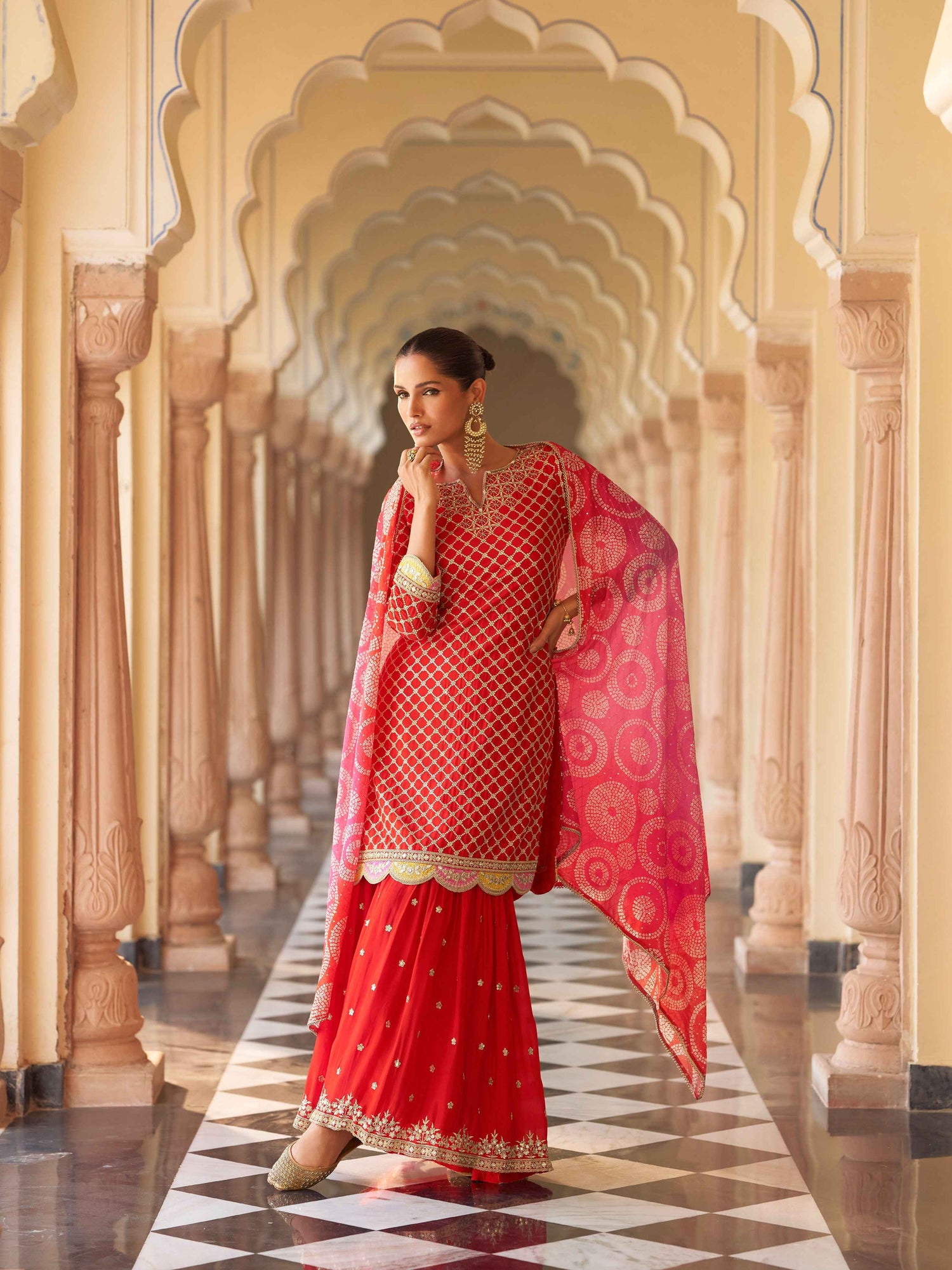 Classic Red Premium Silk Sharara Suit with Heavy Embroidery