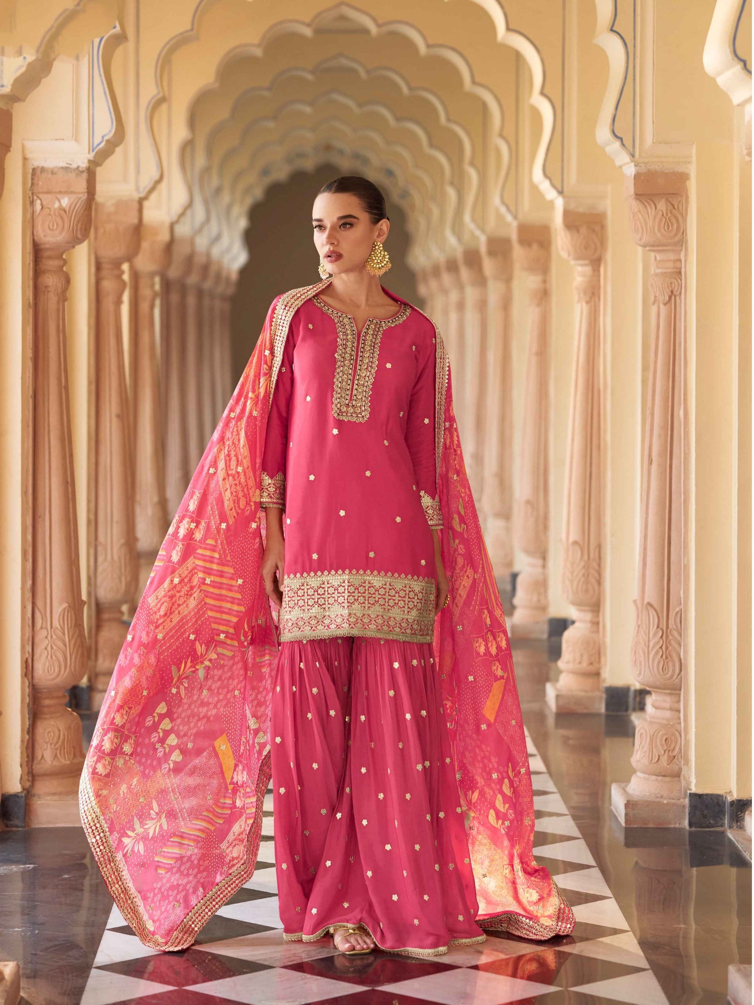 Rani Pink Premium Chinon Silk Sharara Suit with Embroidery