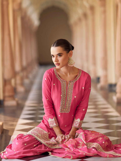 Rani Pink Premium Chinon Silk Sharara Suit with Embroidery