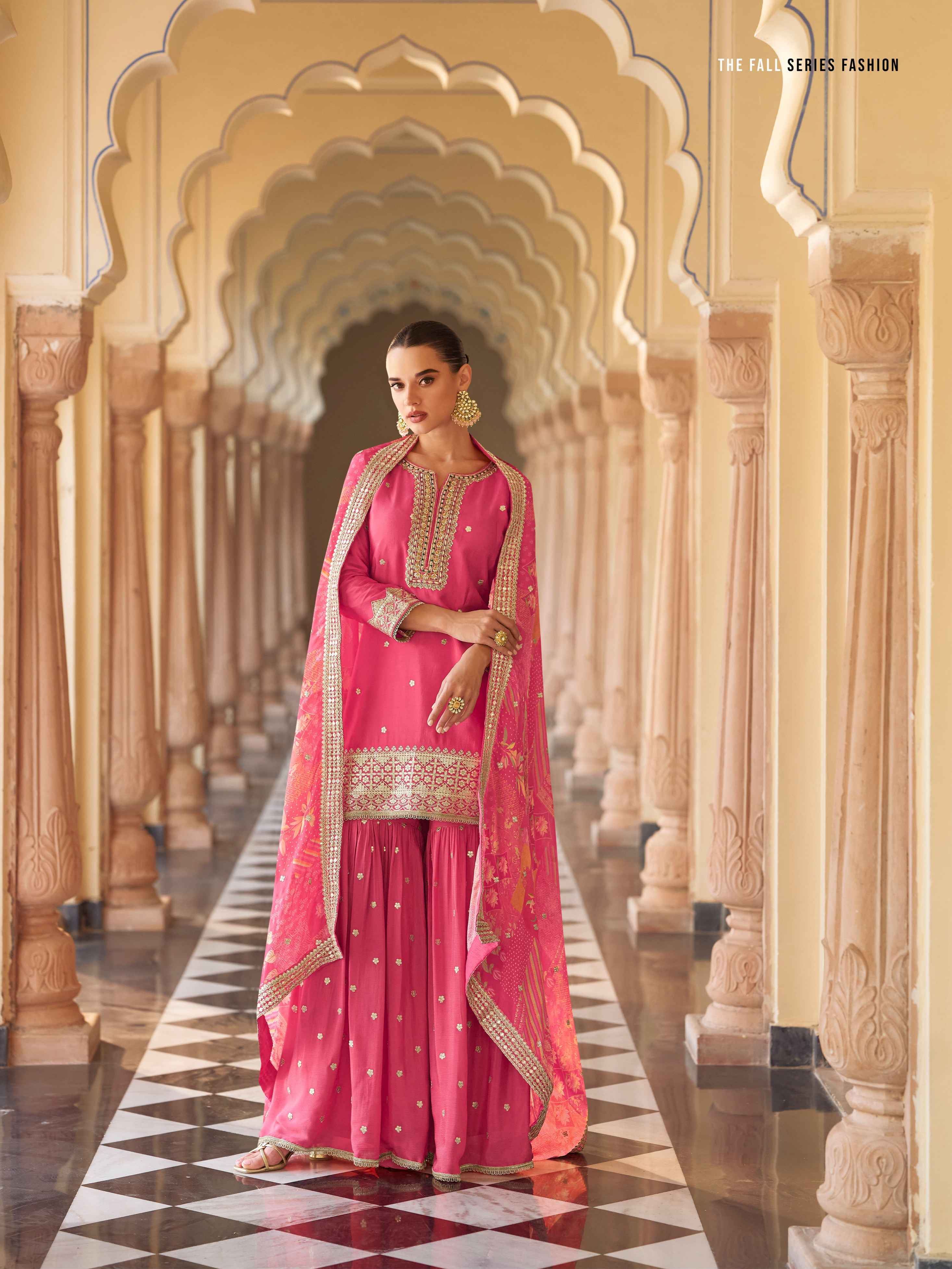 Rani Pink Premium Chinon Silk Sharara Suit with Embroidery