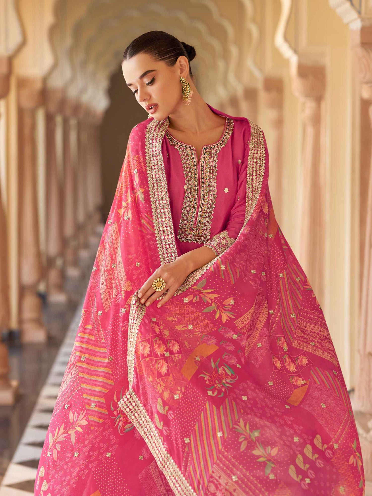 Rani Pink Premium Chinon Silk Sharara Suit with Embroidery