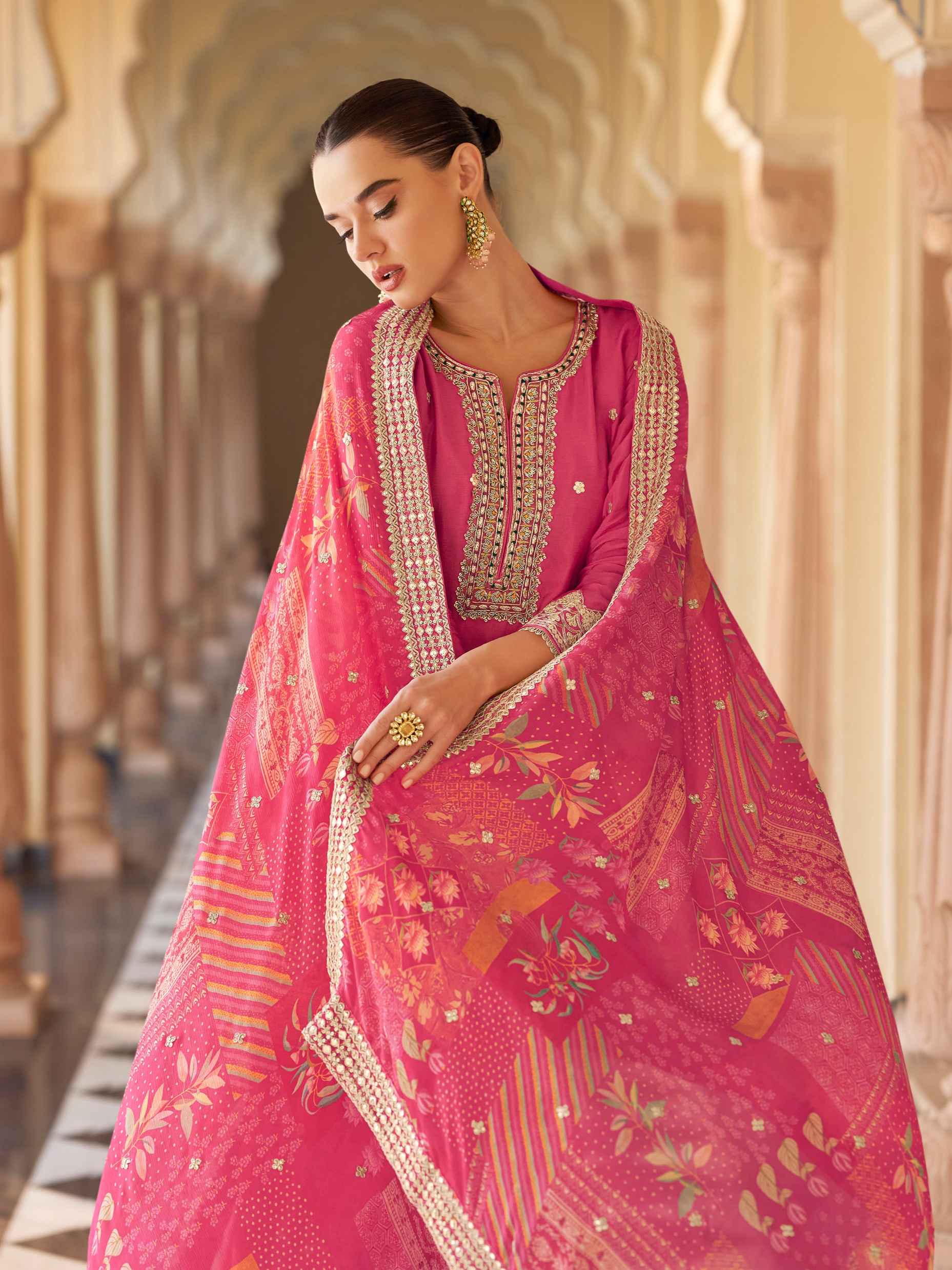 Rani Pink Premium Chinon Silk Sharara Suit with Embroidery