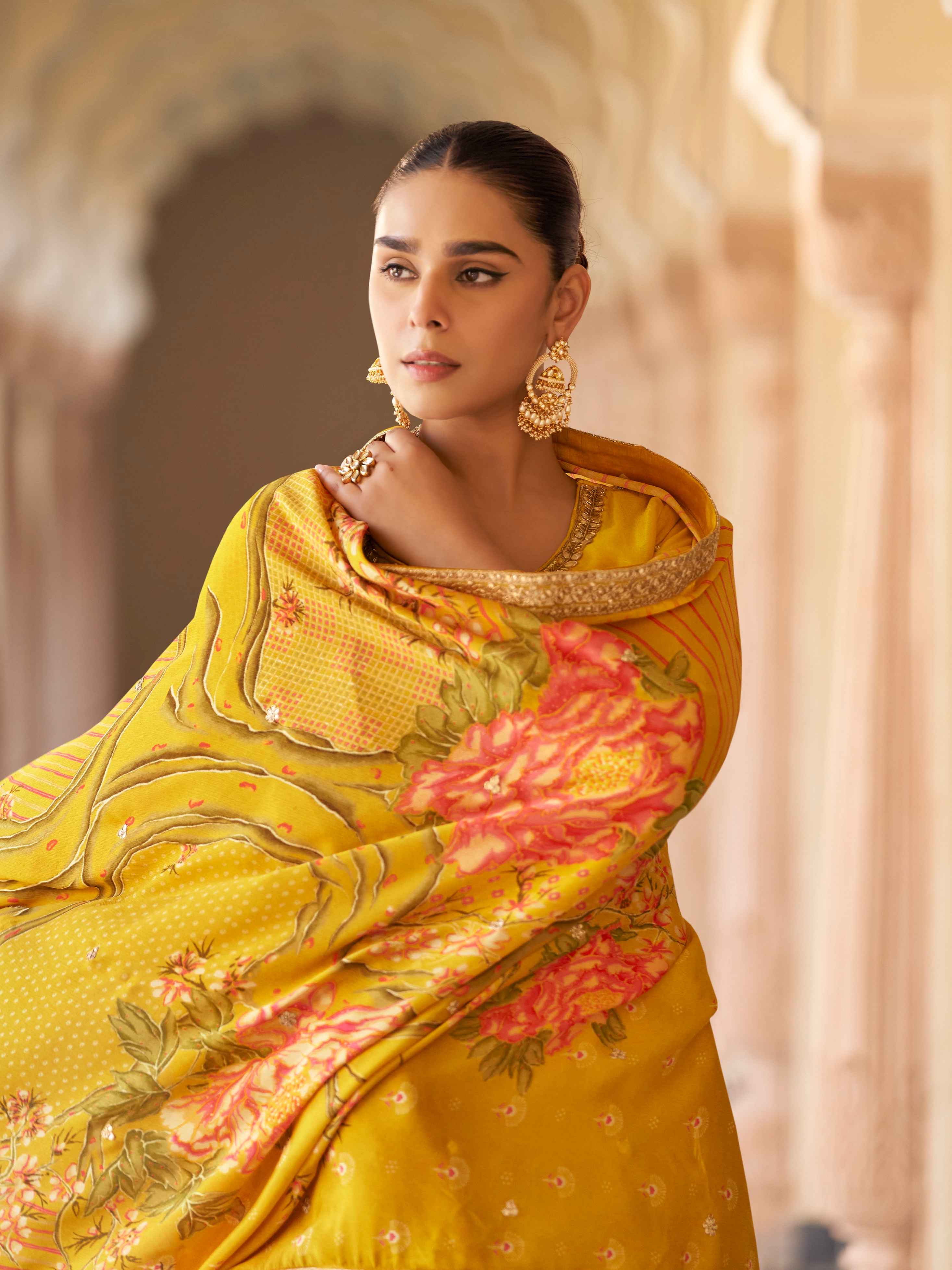 Mustard Yellow Real Silk Sharara Suit with Heavy Embroidery