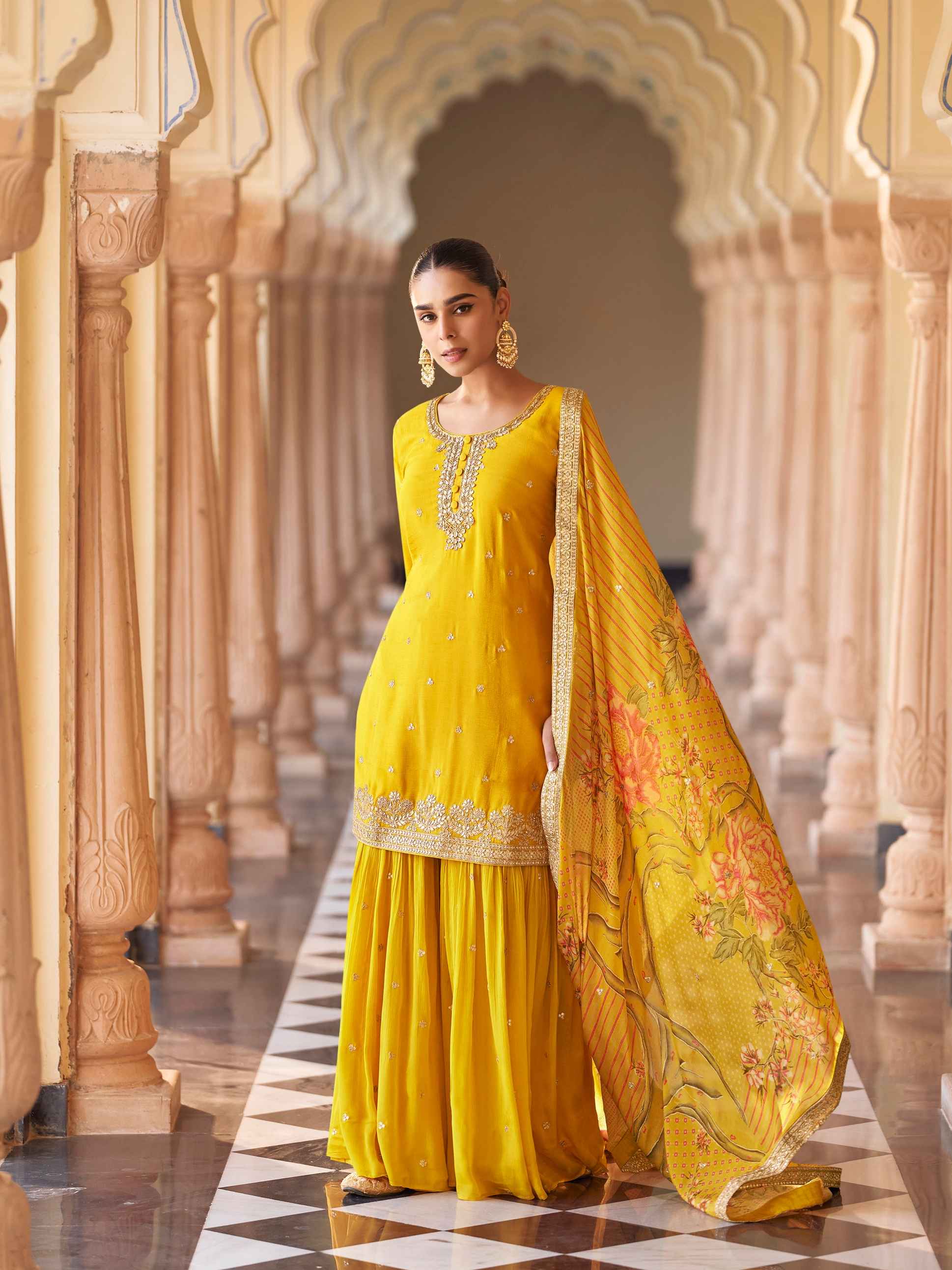 Mustard Yellow Real Silk Sharara Suit with Heavy Embroidery