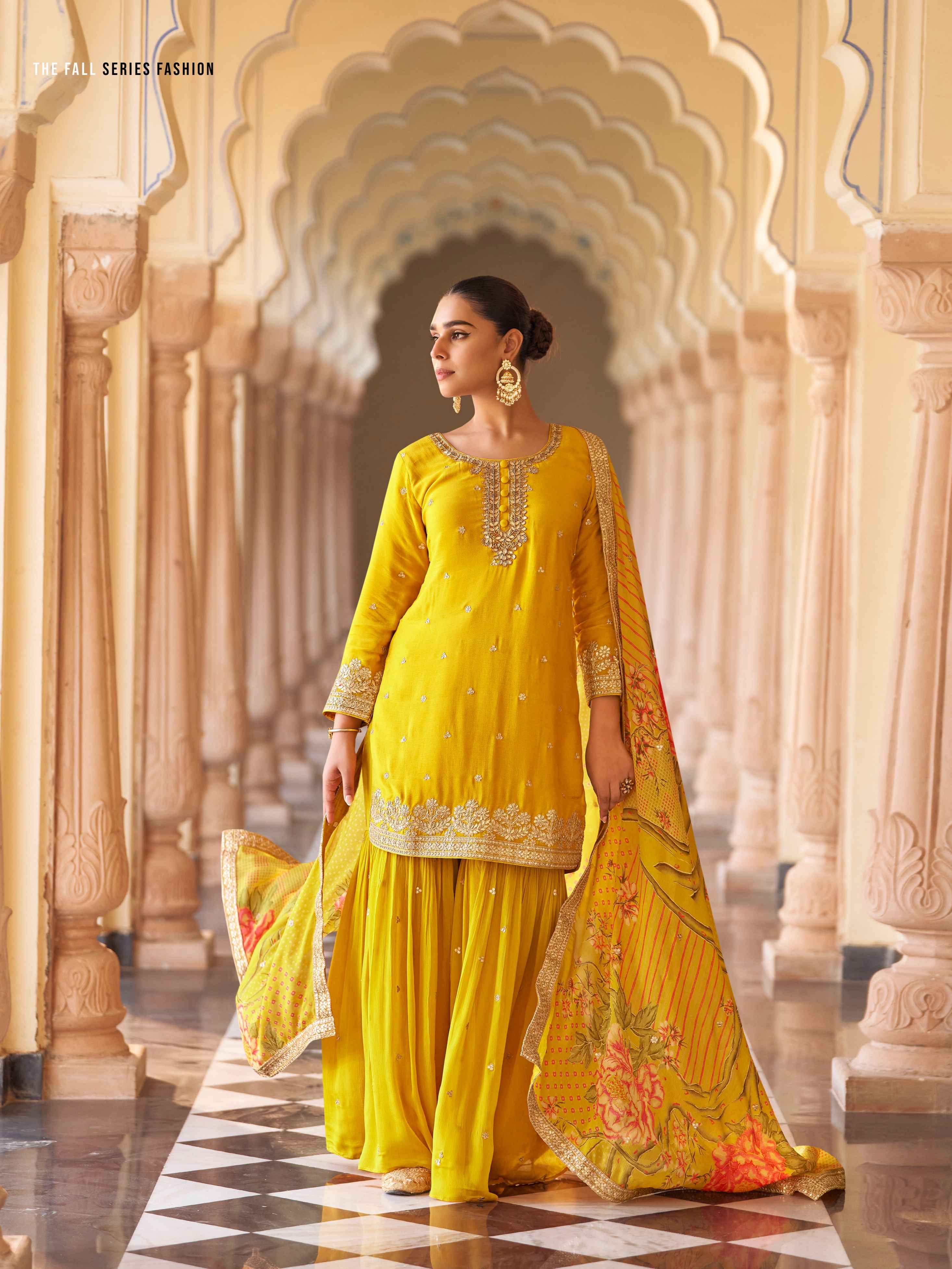 Mustard Yellow Real Silk Sharara Suit with Heavy Embroidery