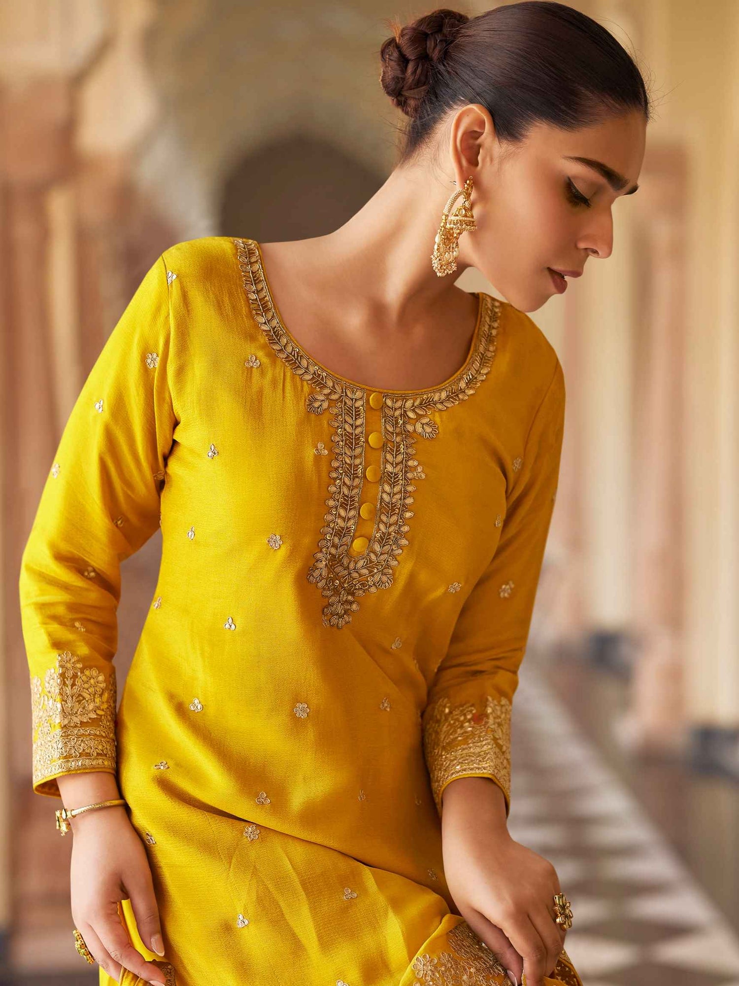 Mustard Yellow Real Silk Sharara Suit with Heavy Embroidery
