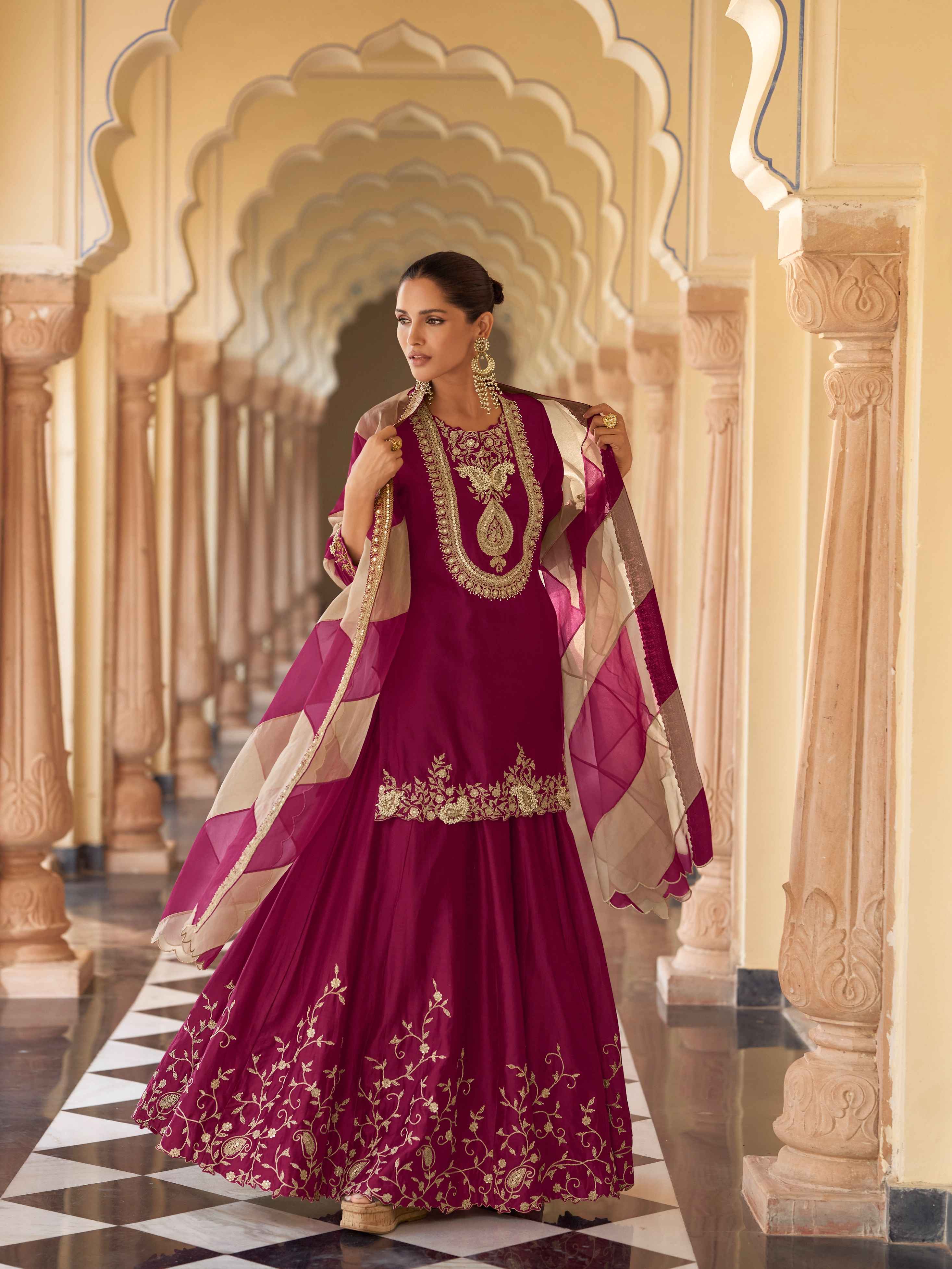 Wine Premium Silk Embroidered Sharara Suit with Digital Dupatta