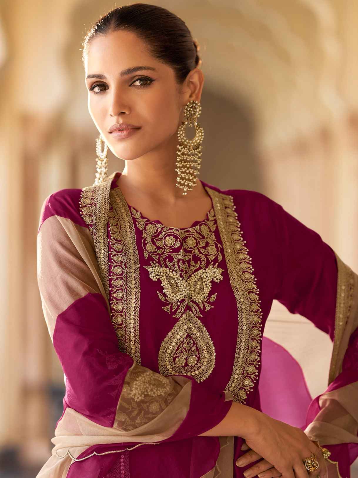 Wine Premium Silk Embroidered Sharara Suit with Digital Dupatta