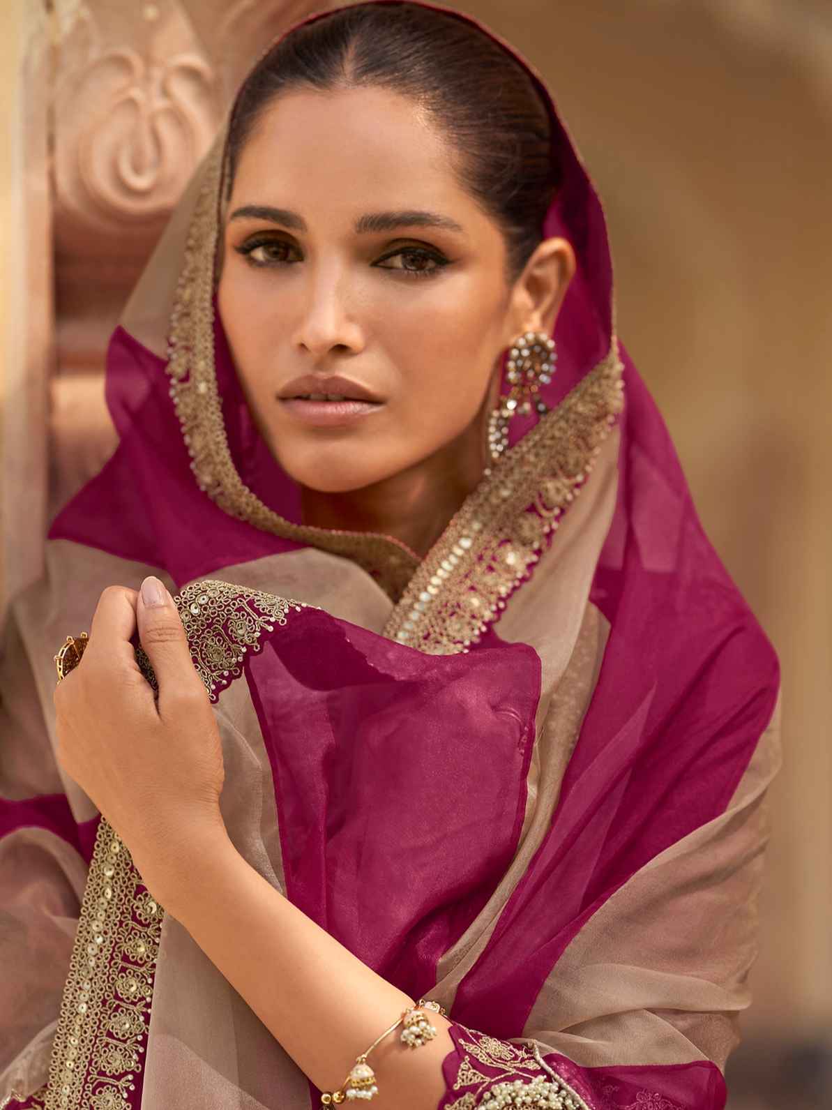 Wine Premium Silk Embroidered Sharara Suit with Digital Dupatta