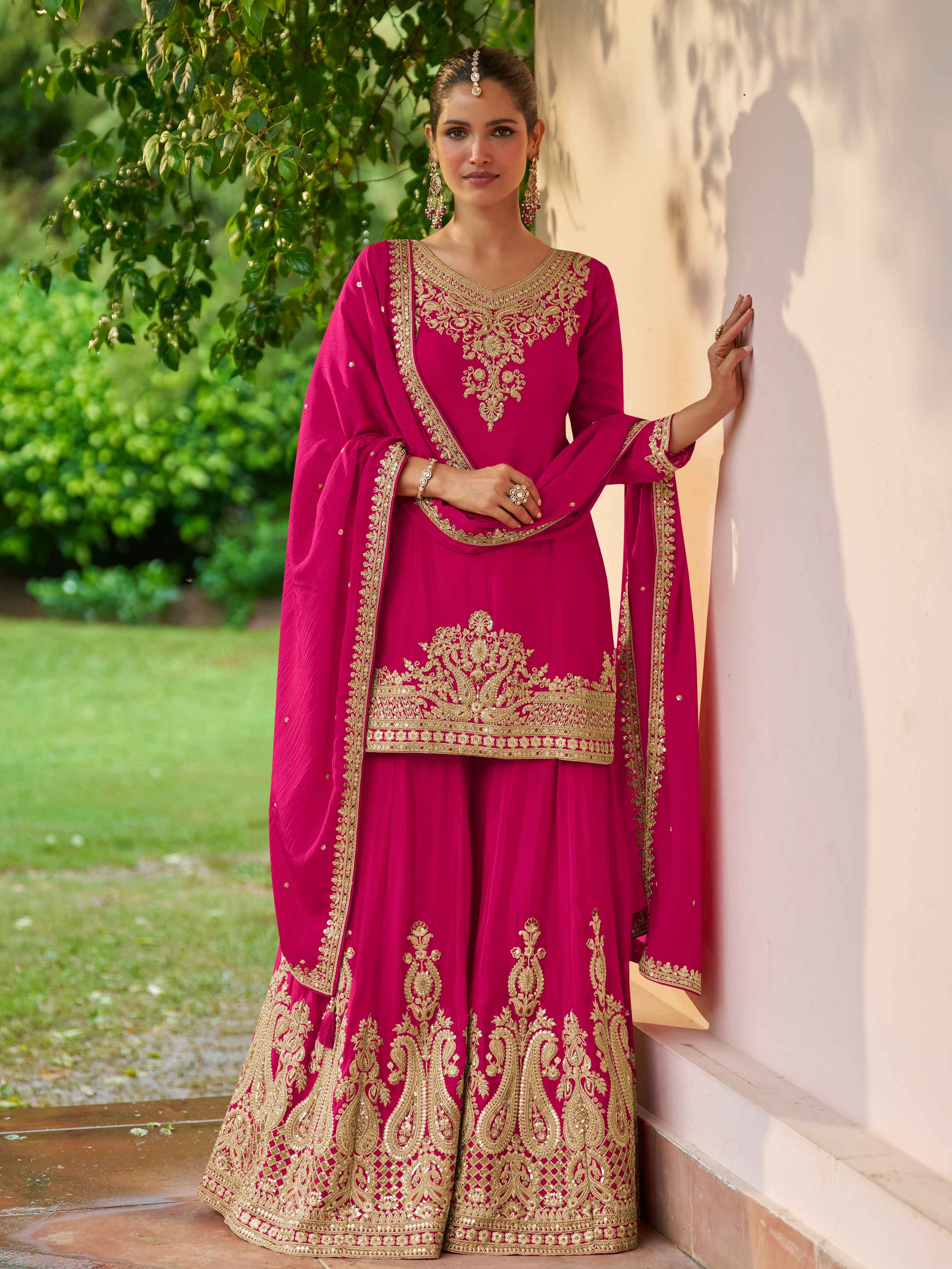 Rani Pink Real Chinon Embroidered Sharara Suit with Dupatta