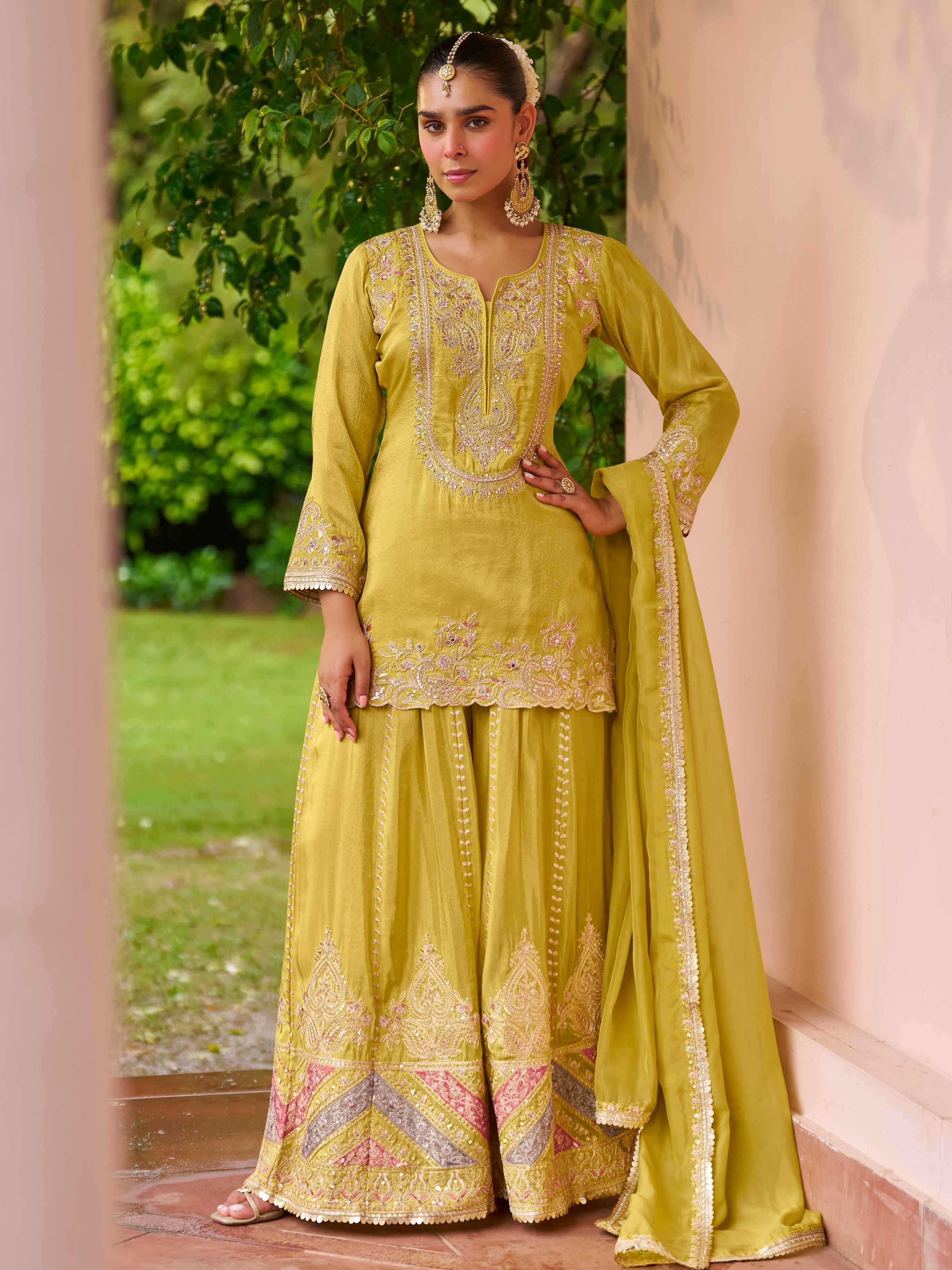 Mustard Yellow Real Chinon Sharara Suit with Heavy Embroidery