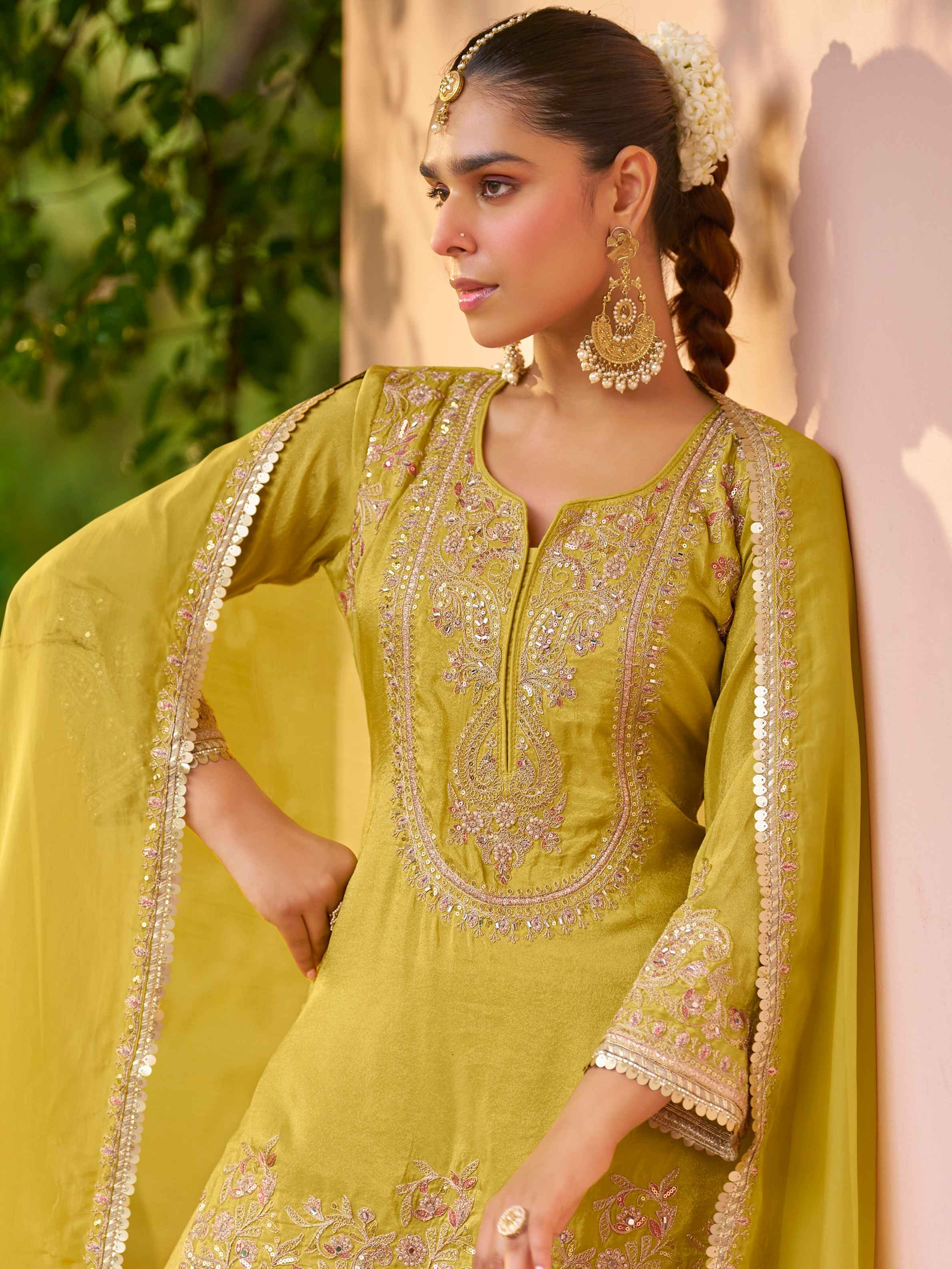 Mustard Yellow Real Chinon Sharara Suit with Heavy Embroidery