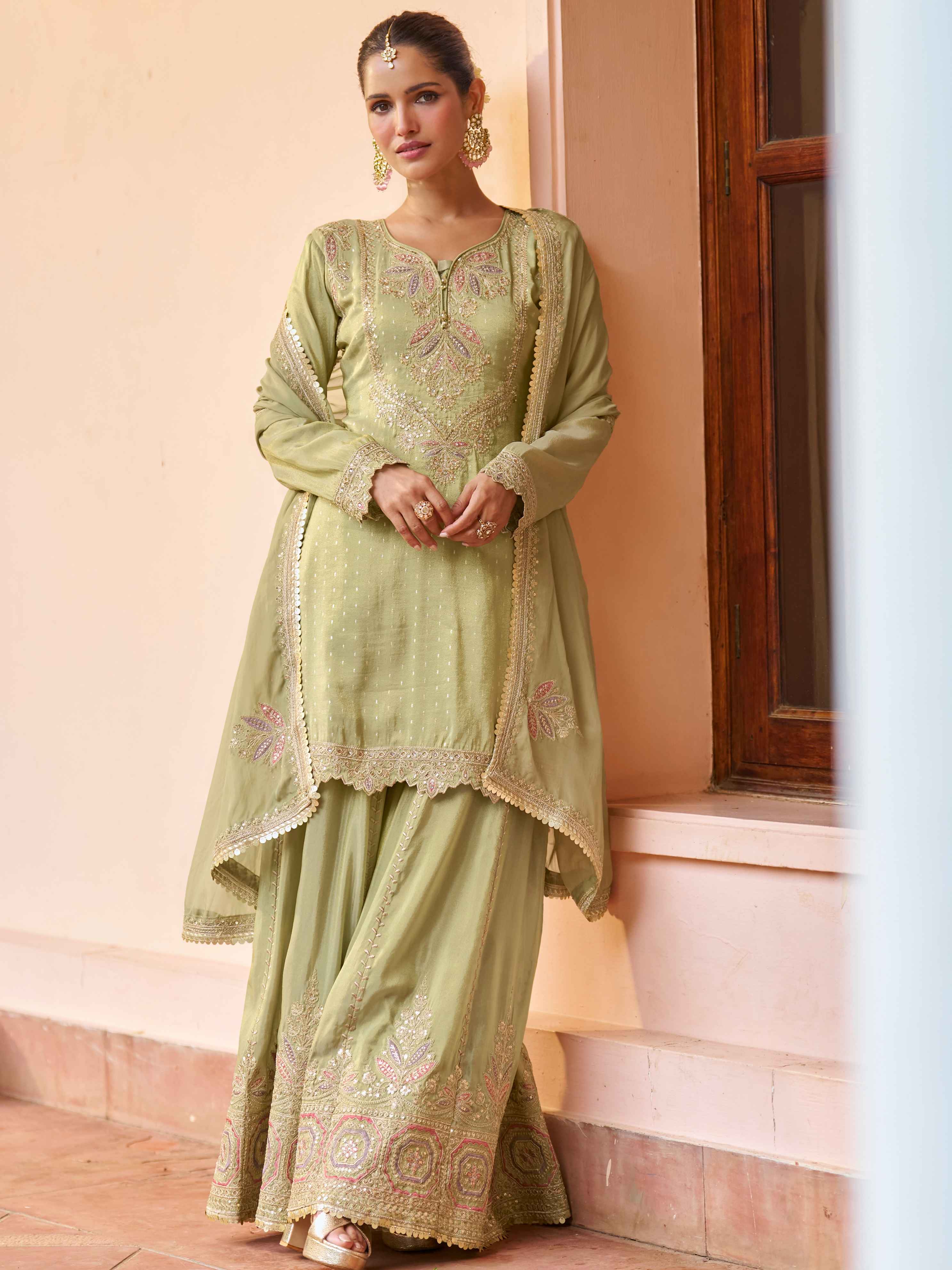 Pista Green Real Chinon Embroidered Sharara Suit with Dupatta