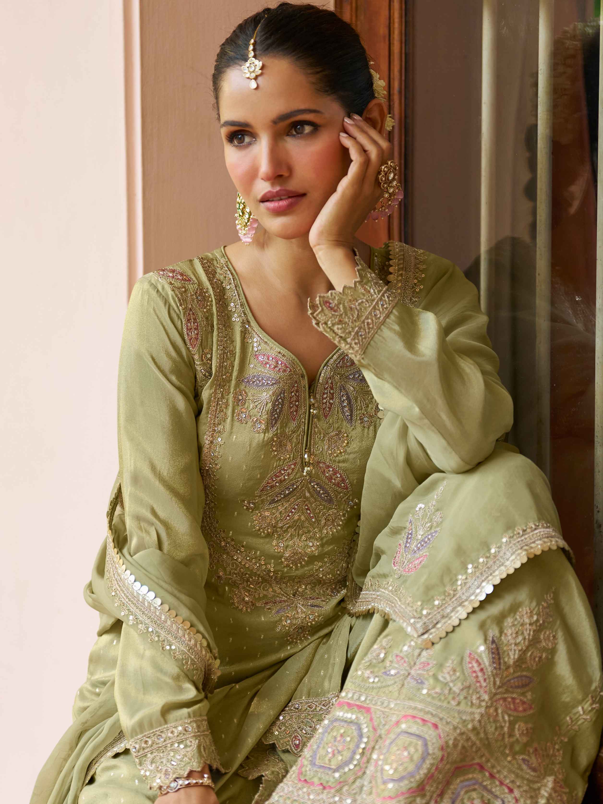 Pista Green Real Chinon Embroidered Sharara Suit with Dupatta