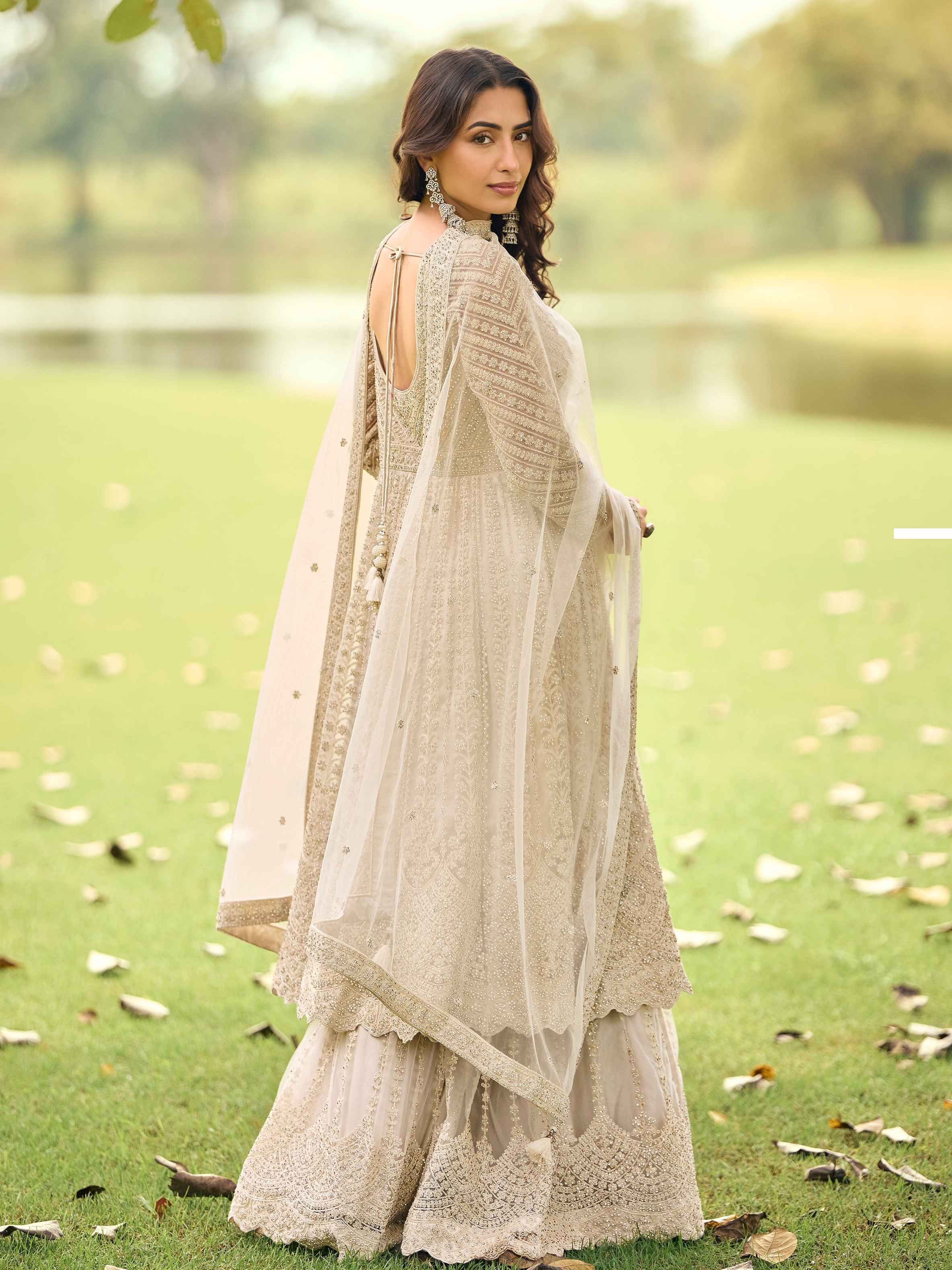 Ivory White Premium Net Embroidered Kurta Palazzo Set with Dupatta