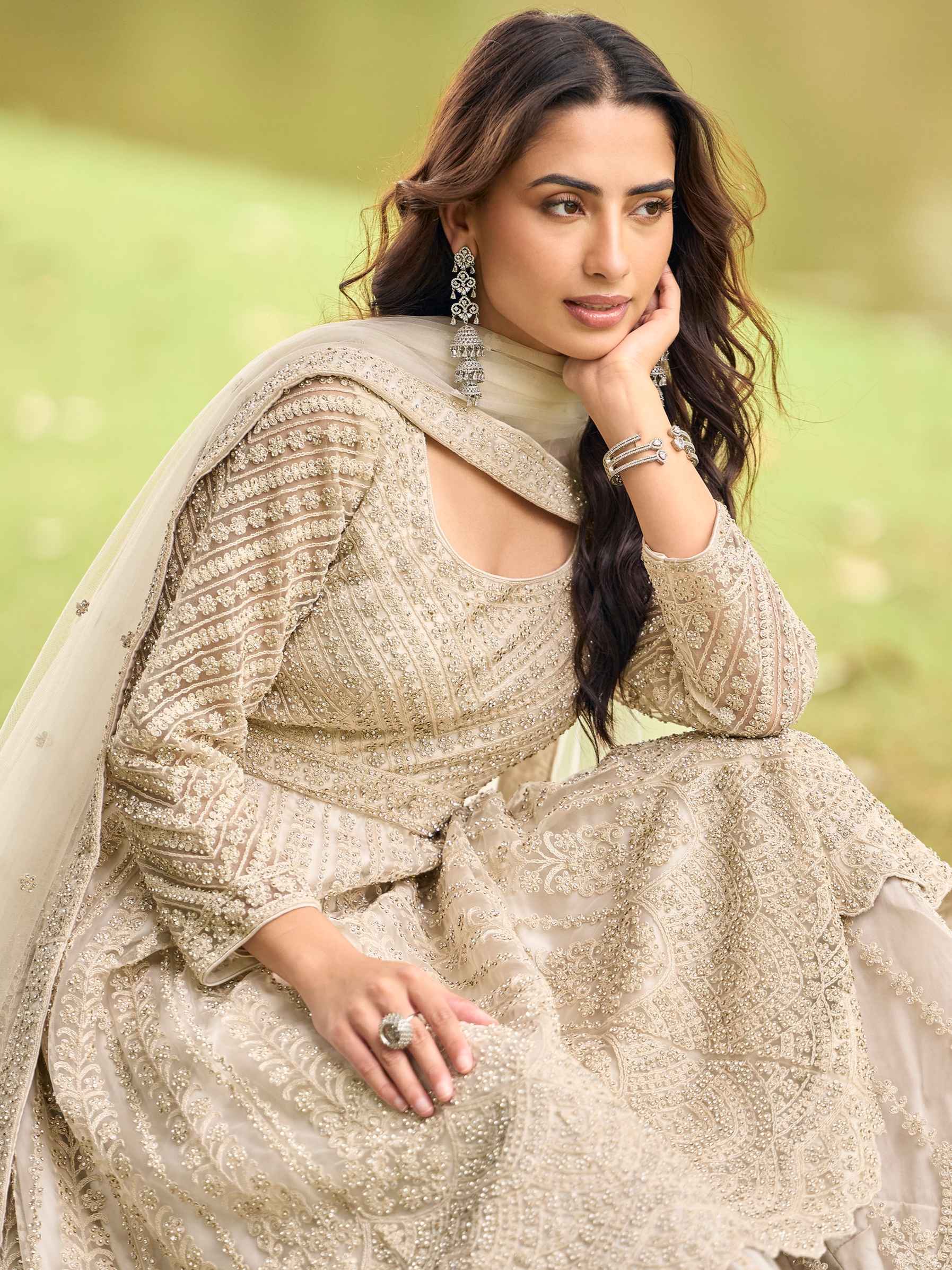 Ivory White Premium Net Embroidered Kurta Palazzo Set with Dupatta