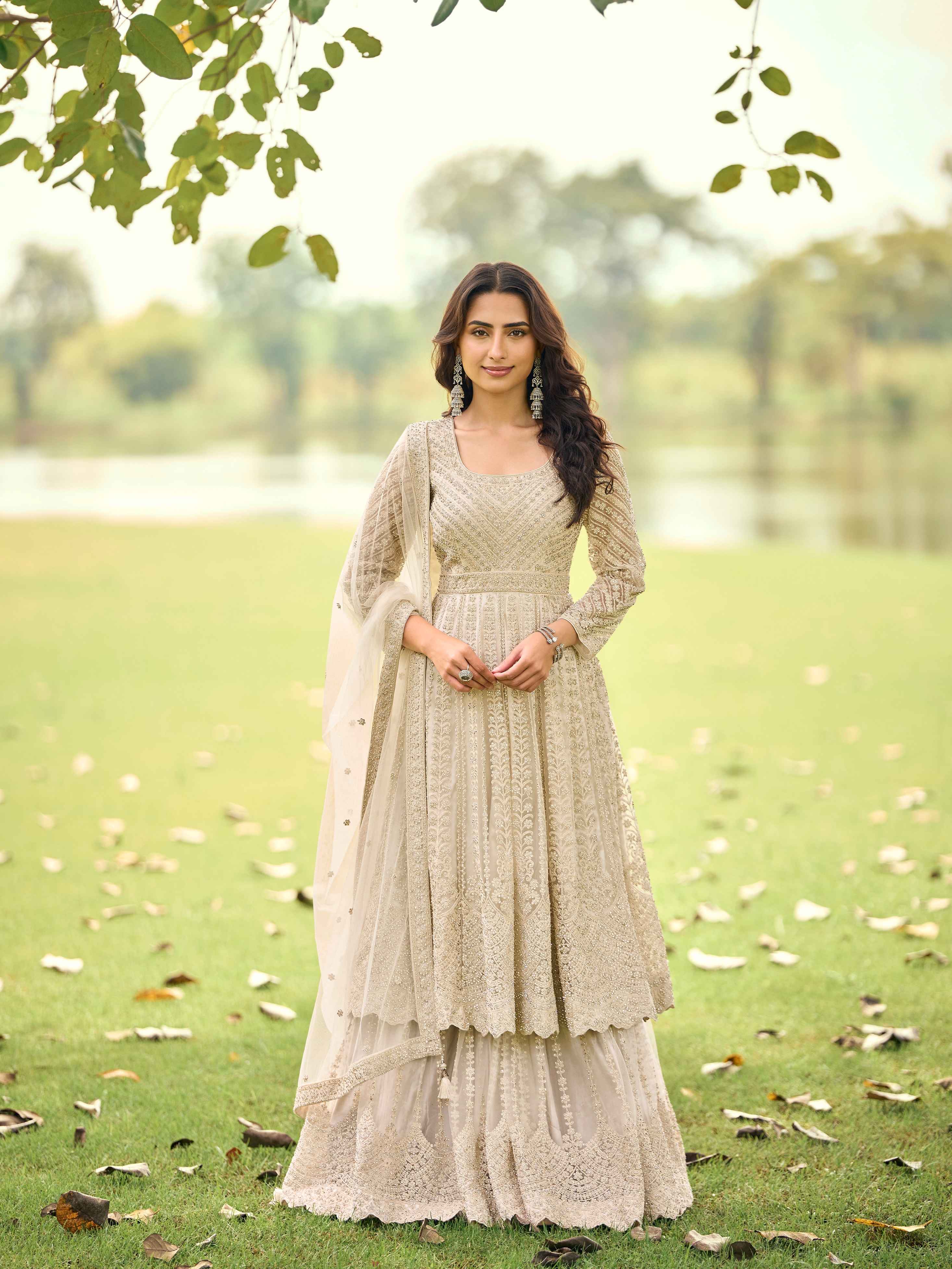 Ivory White Premium Net Embroidered Kurta Palazzo Set with Dupatta