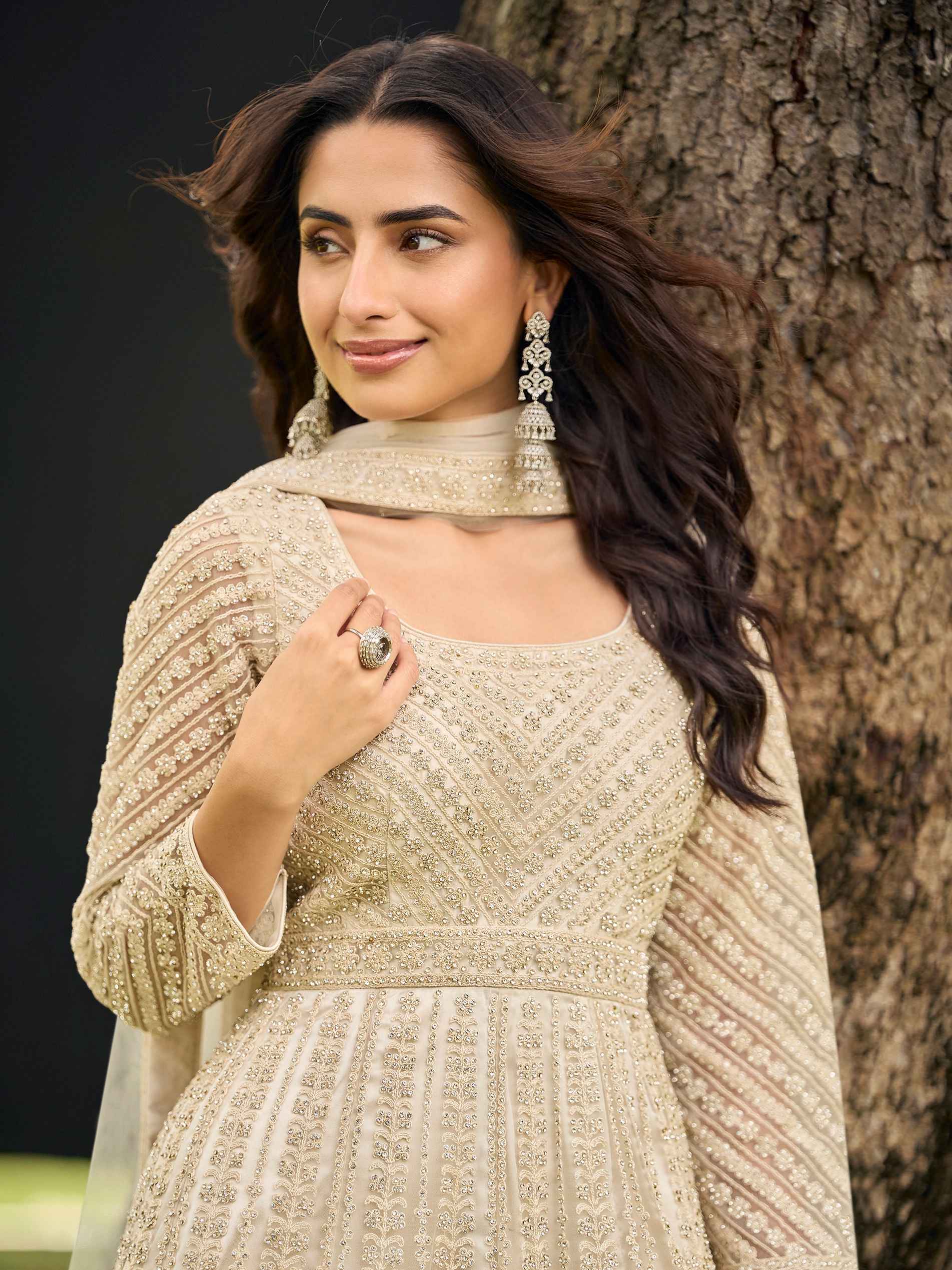 Ivory White Premium Net Embroidered Kurta Palazzo Set with Dupatta