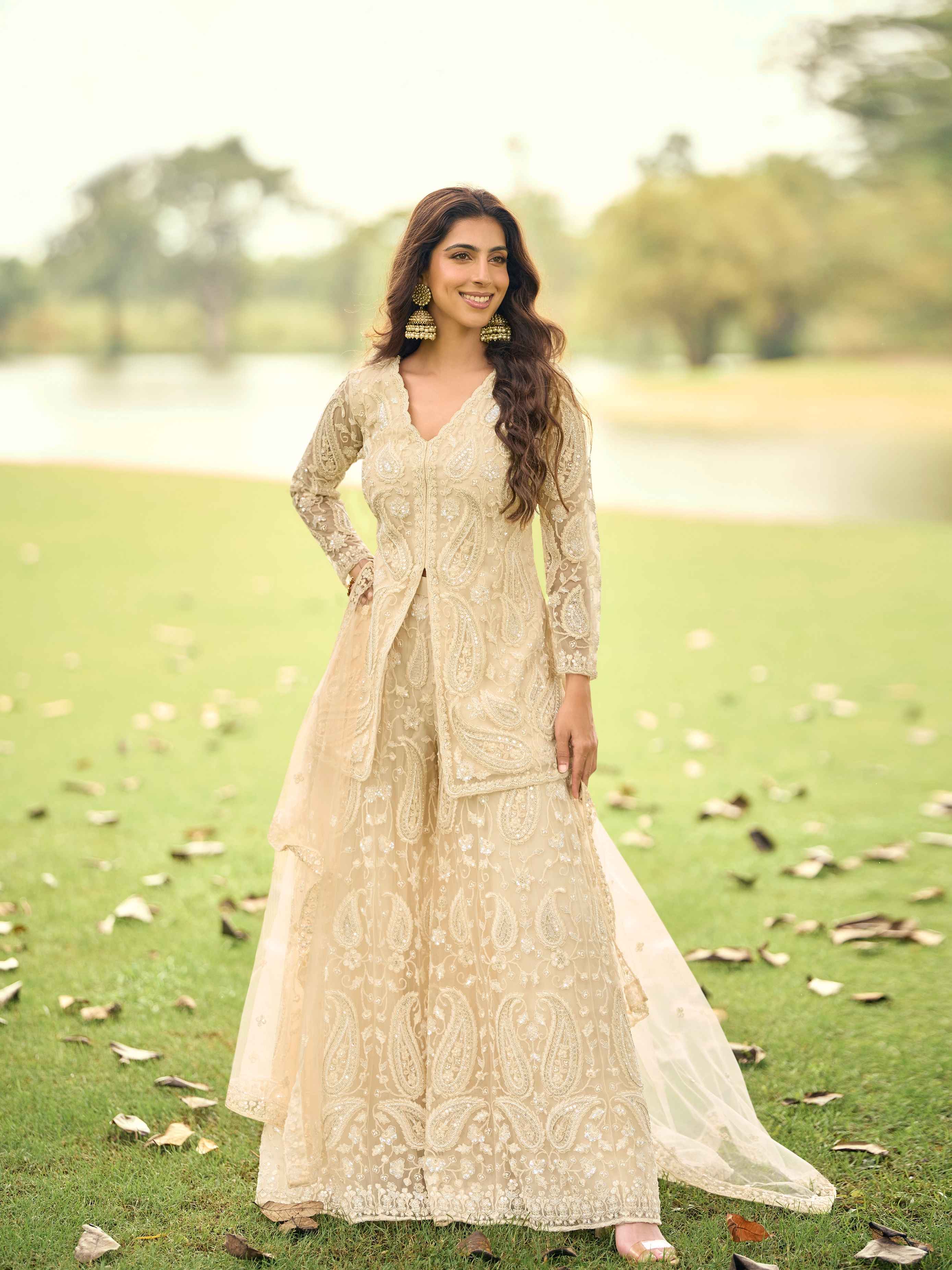 Champagne Beige Net Embroidered Long Kurta Palazzo Suit with Dupatta