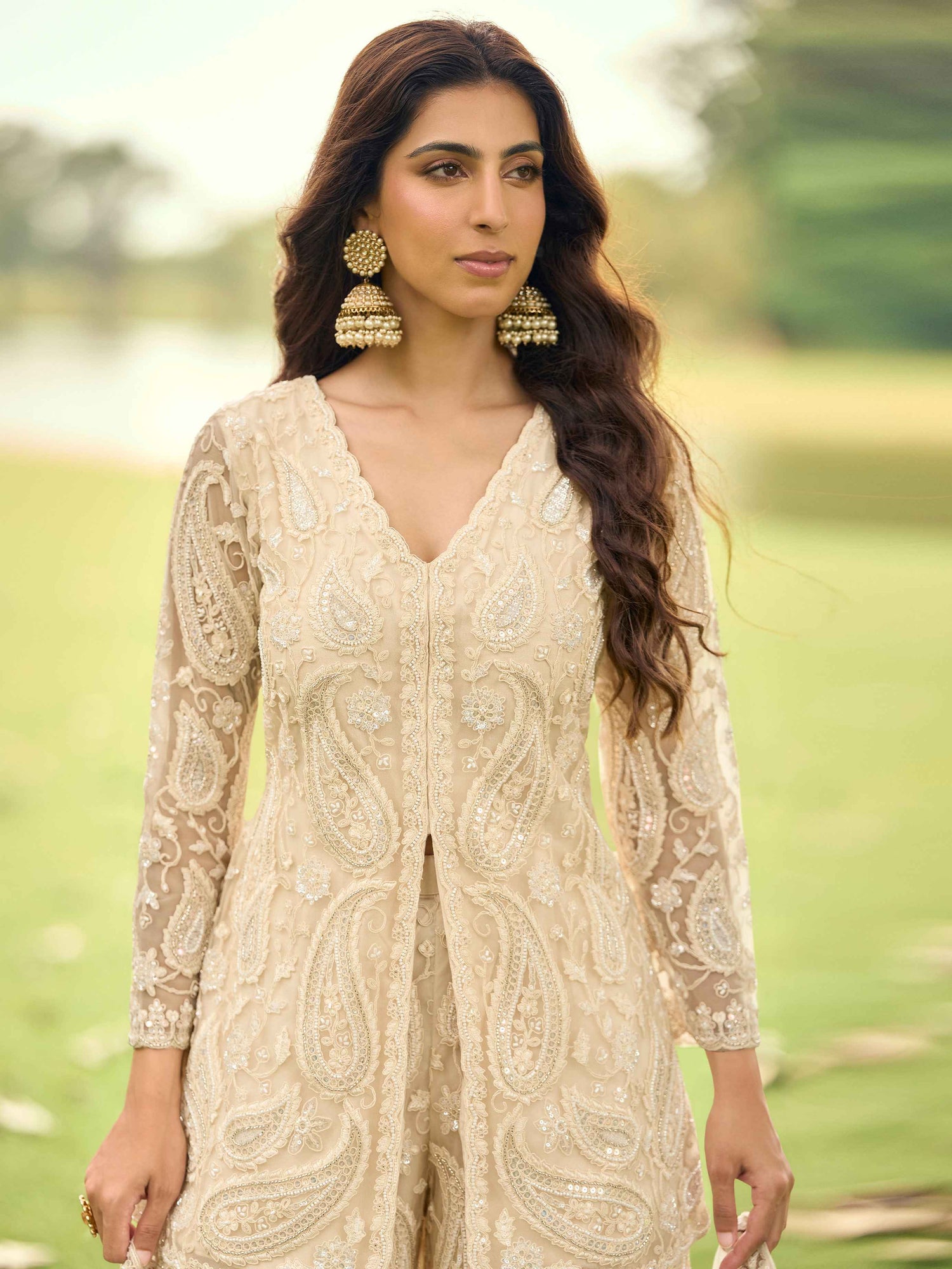 Champagne Beige Net Embroidered Long Kurta Palazzo Suit with Dupatta