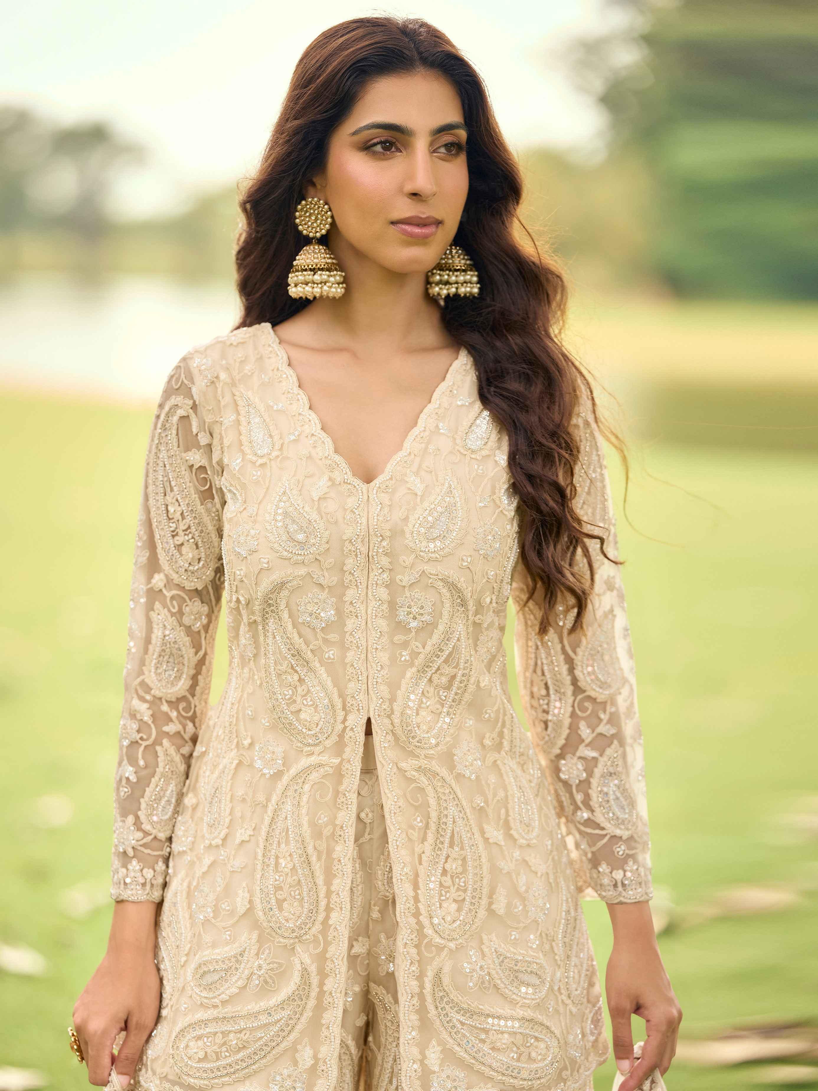 Champagne Beige Net Embroidered Long Kurta Palazzo Suit with Dupatta