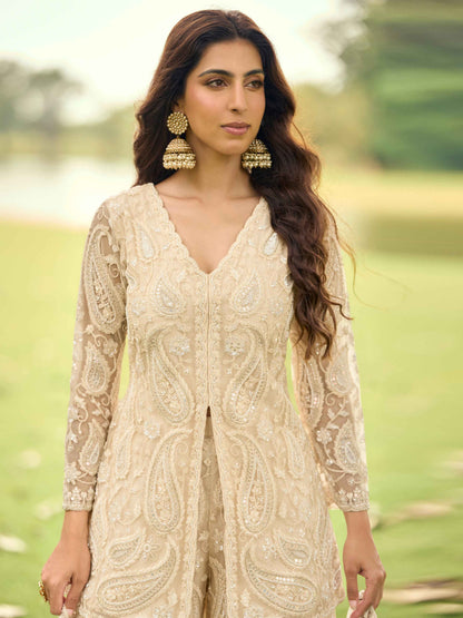 Champagne Beige Net Embroidered Long Kurta Palazzo Suit with Dupatta