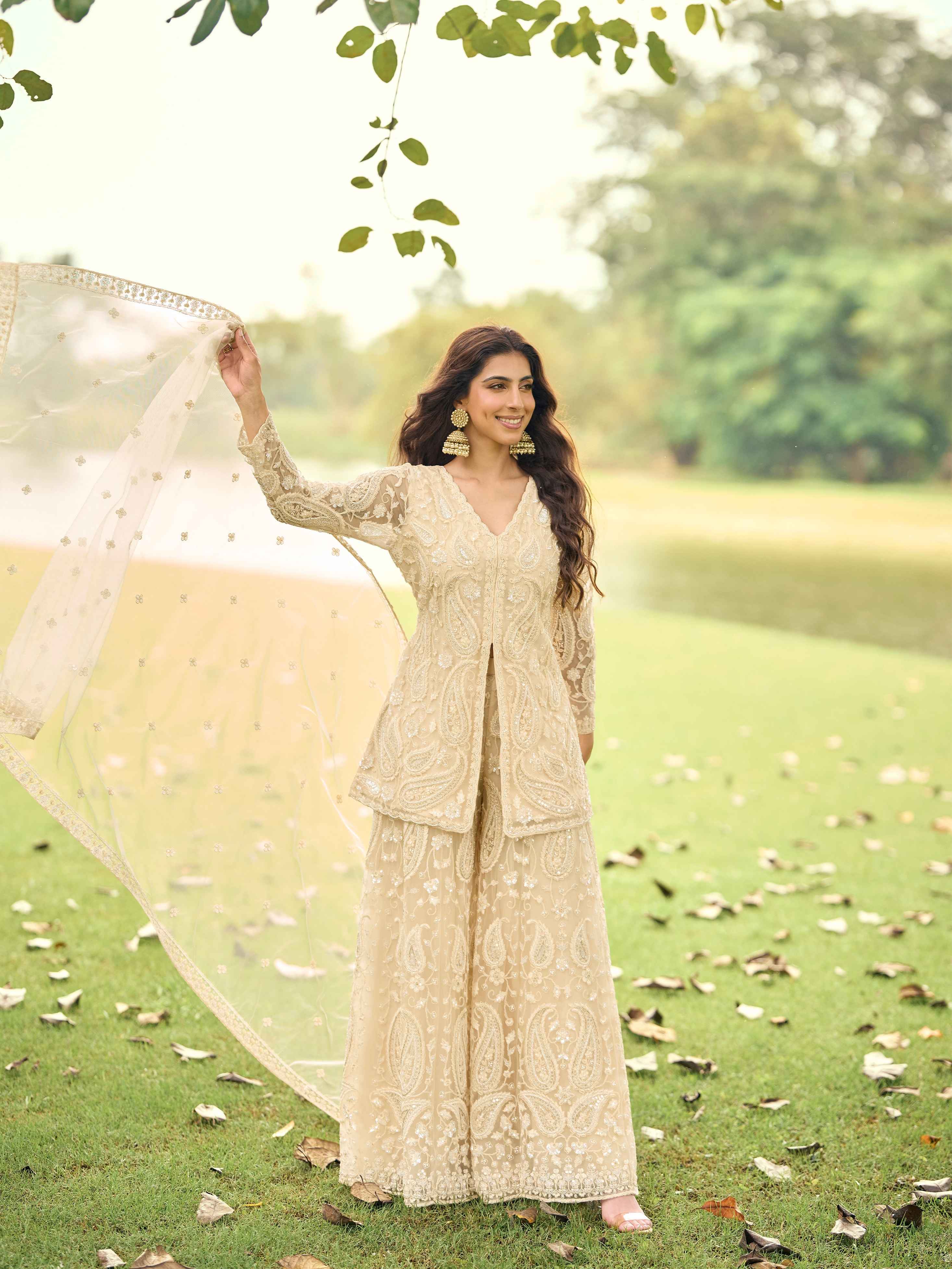 Champagne Beige Net Embroidered Long Kurta Palazzo Suit with Dupatta