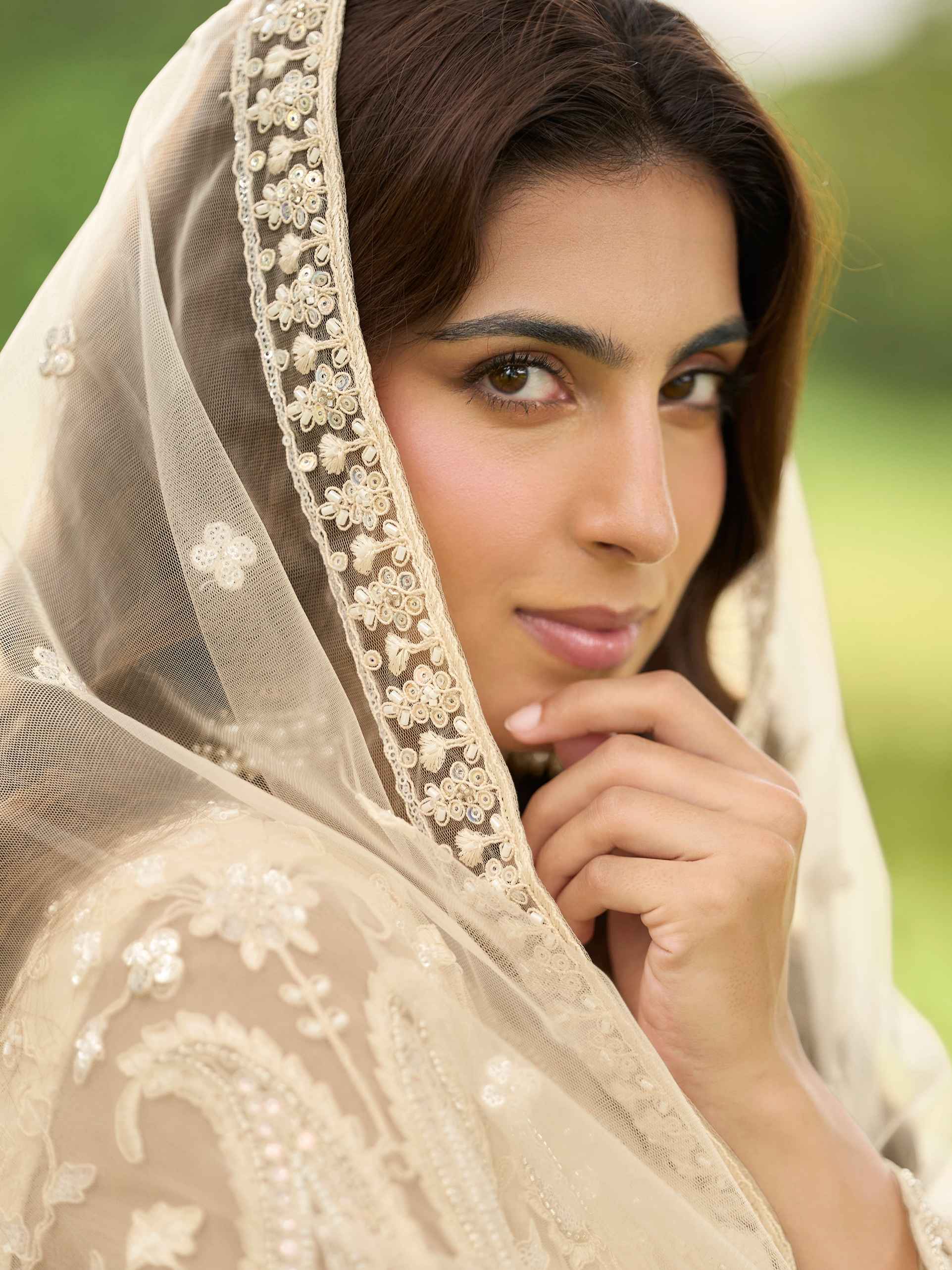 Sage Green &amp; Ivory Net Embroidered Kurta Palazzo Set with Dupatta