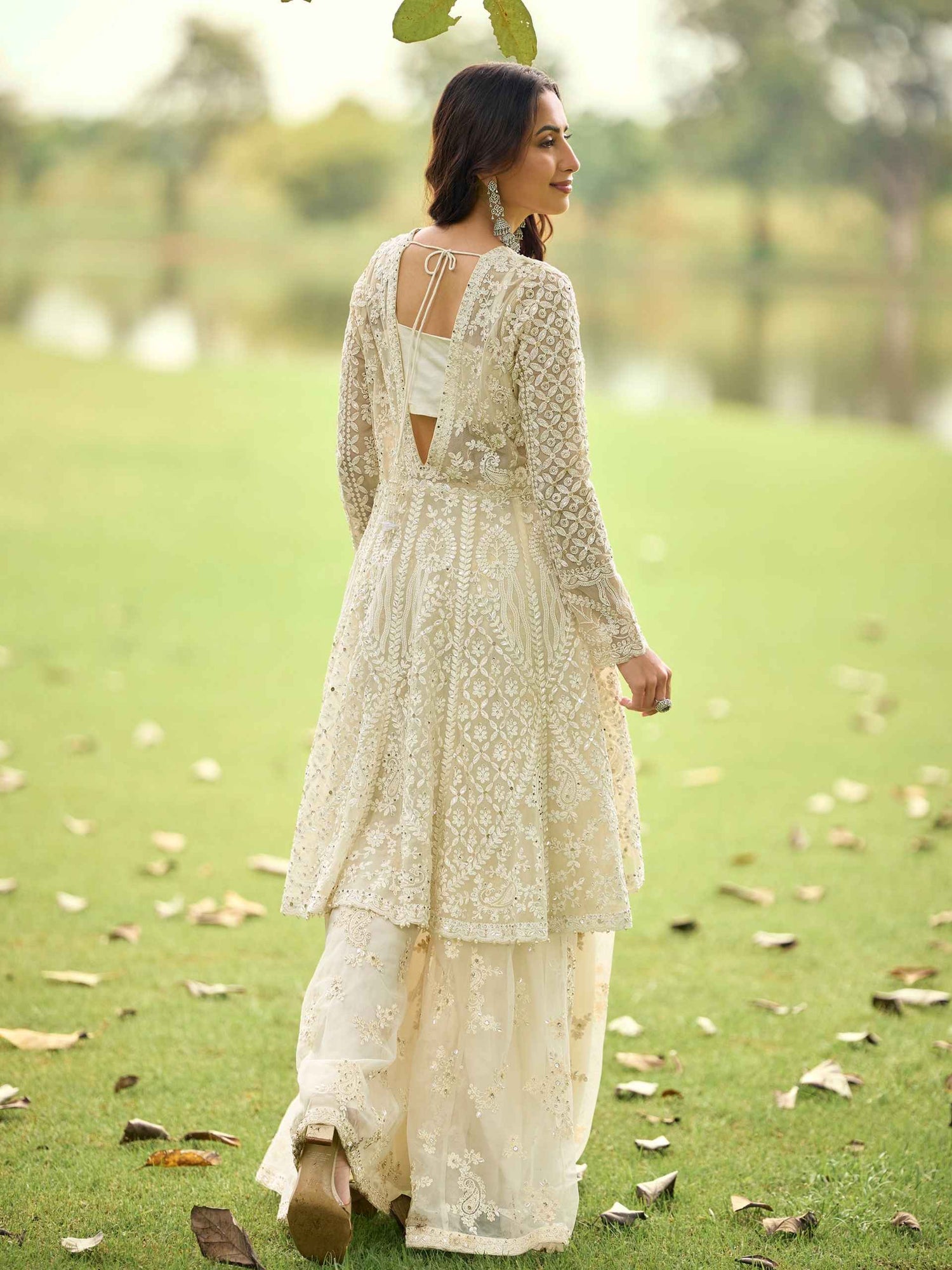 Sage Green &amp; Ivory Net Embroidered Kurta Palazzo Set with Dupatta