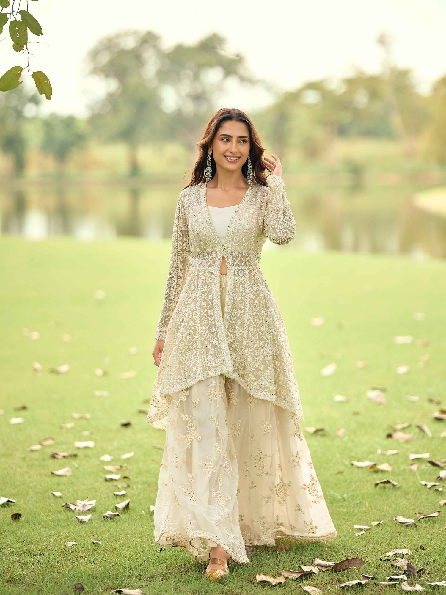 Sage Green &amp; Ivory Net Embroidered Kurta Palazzo Set with Dupatta