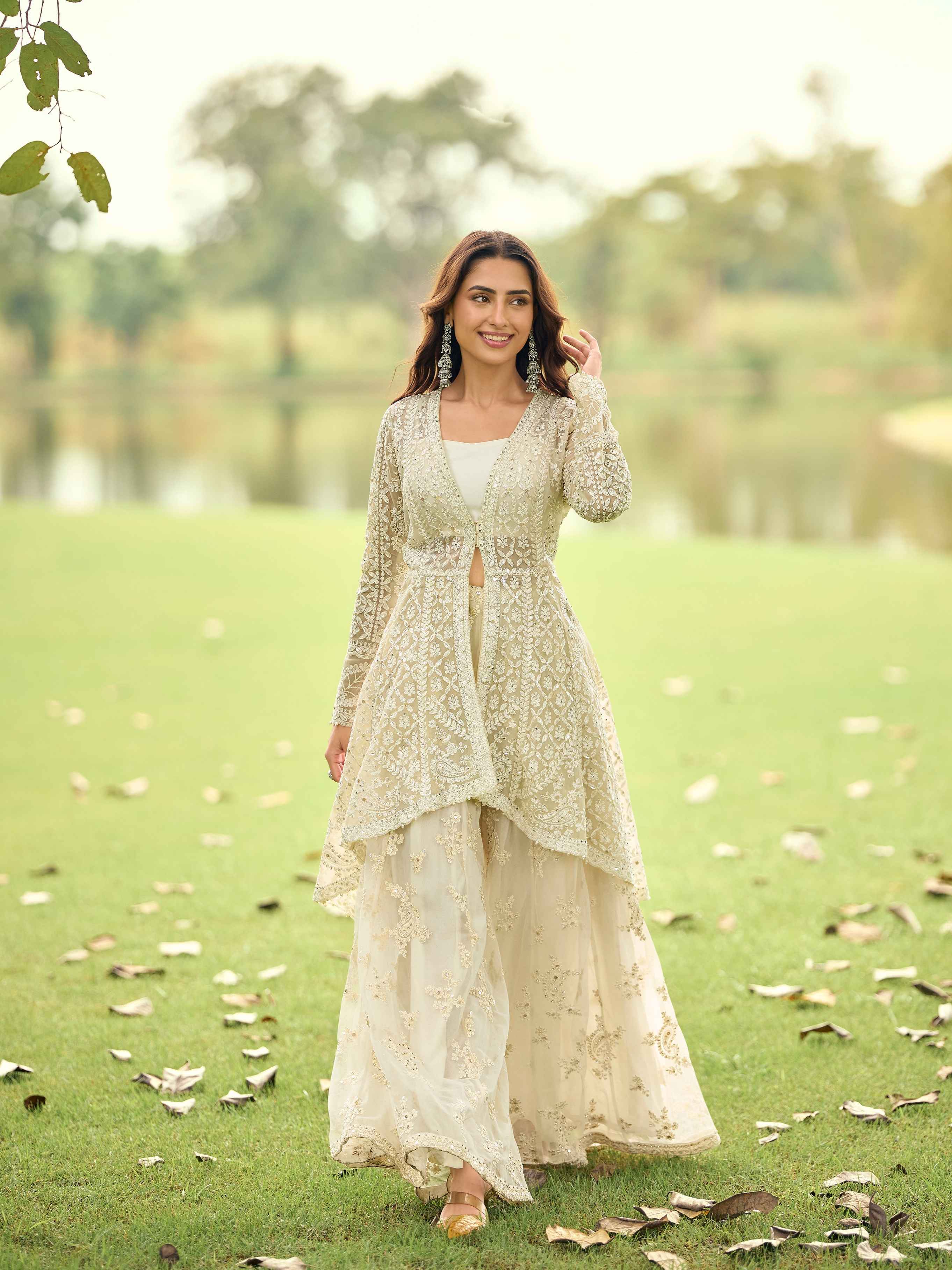 Sage Green &amp; Ivory Net Embroidered Kurta Palazzo Set with Dupatta