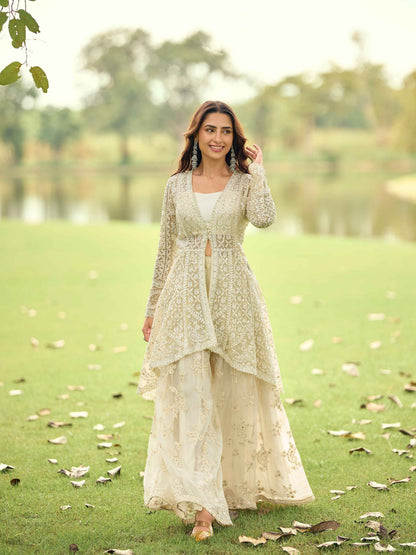 Sage Green &amp; Ivory Net Embroidered Kurta Palazzo Set with Dupatta