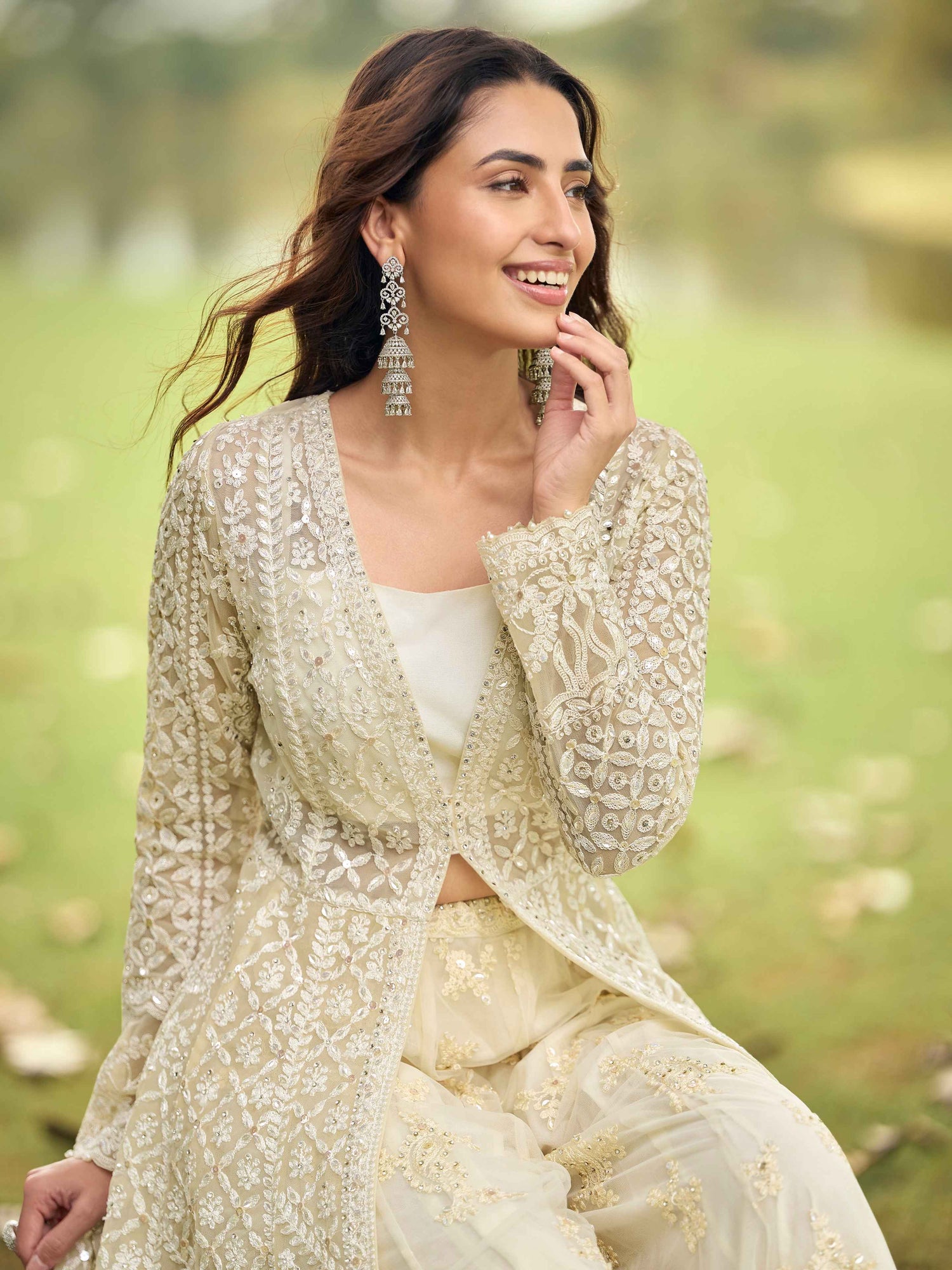 Sage Green &amp; Ivory Net Embroidered Kurta Palazzo Set with Dupatta