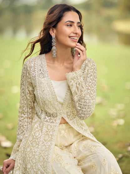 Sage Green &amp; Ivory Net Embroidered Kurta Palazzo Set with Dupatta