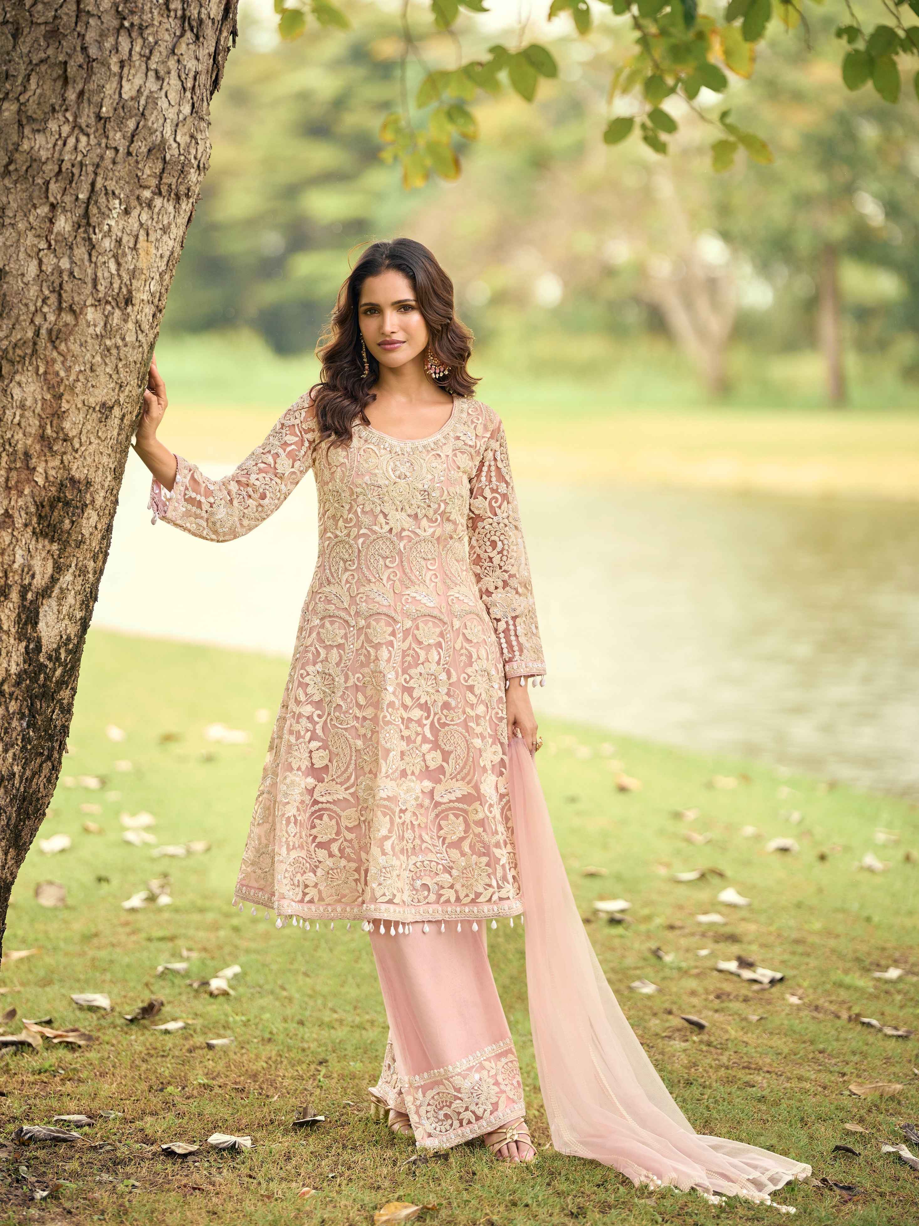 Blush Pink Net Embroidered Kurta Palazzo Set with Dupatta