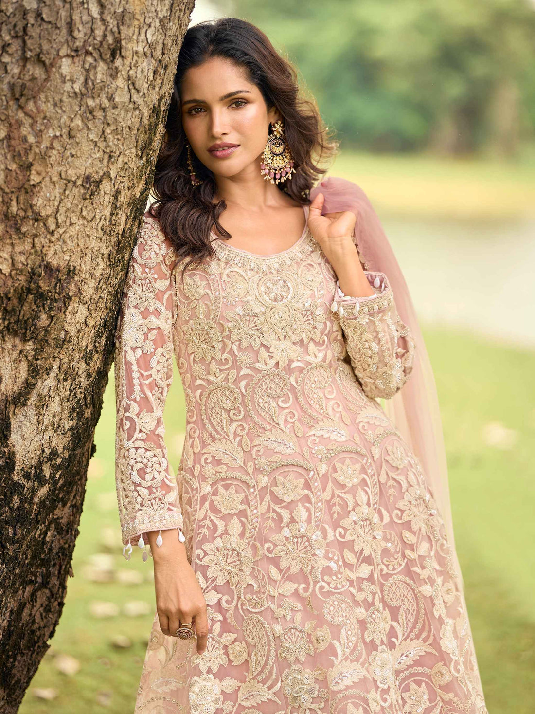 Blush Pink Net Embroidered Kurta Palazzo Set with Dupatta
