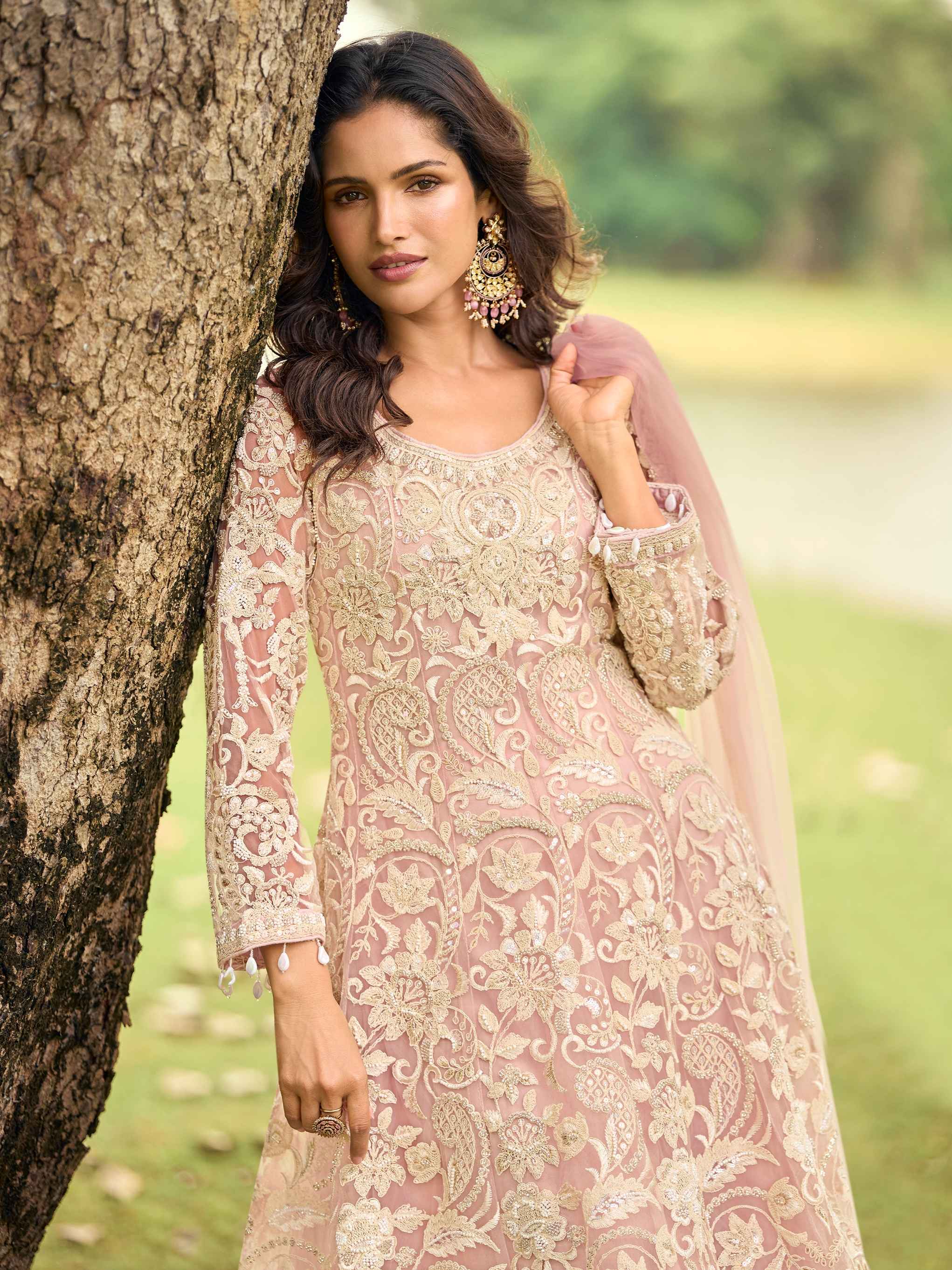 Blush Pink Net Embroidered Kurta Palazzo Set with Dupatta