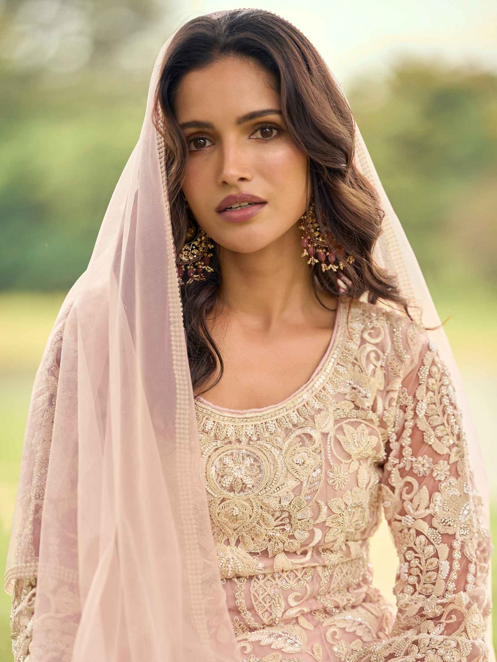 Blush Pink Net Embroidered Kurta Palazzo Set with Dupatta