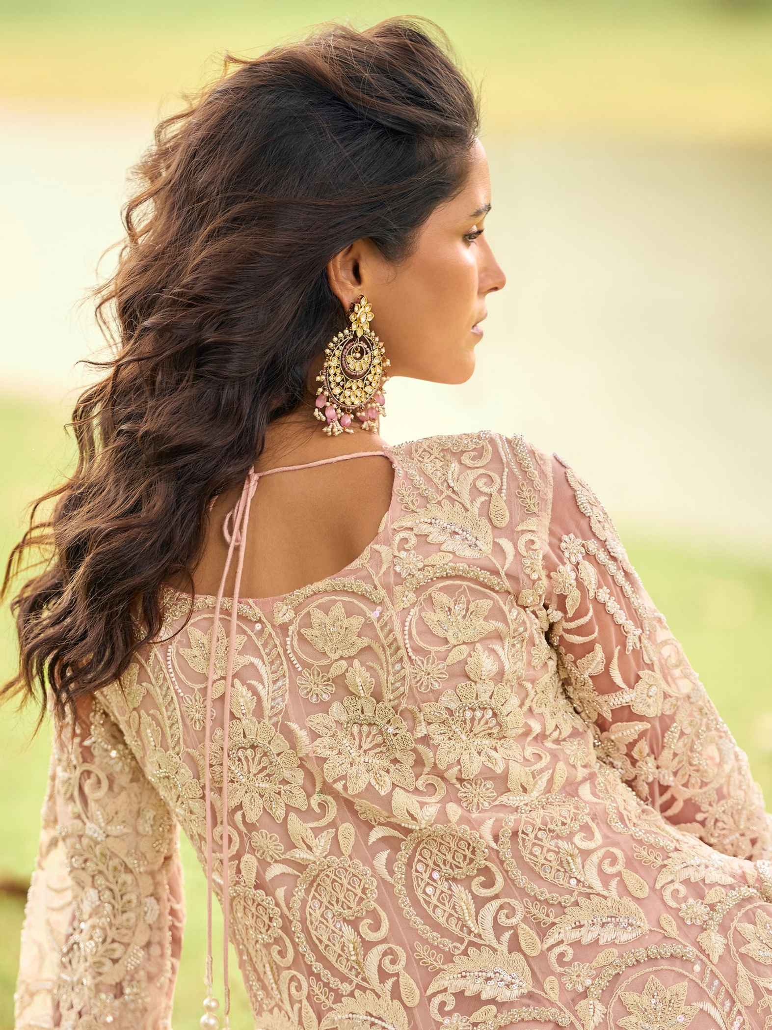 Blush Pink Net Embroidered Kurta Palazzo Set with Dupatta