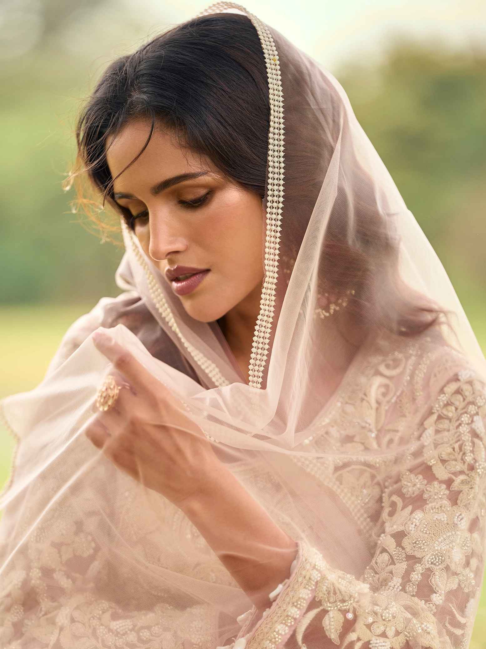 Blush Pink Net Embroidered Kurta Palazzo Set with Dupatta